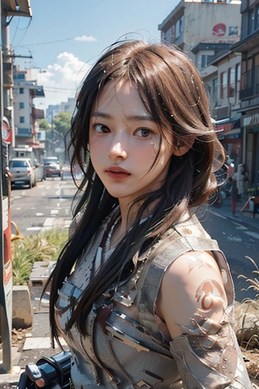Best quality, masterpiece, ultra high res, (photorealistic:1.4), raw photo, 1girl, off shoulder, cinematic lighting, apocalypse, ruins, war, (dirty face), lowkey, (film grain:1.0), (floating dust particle:1.2), dust, blood stains, sad, long hair