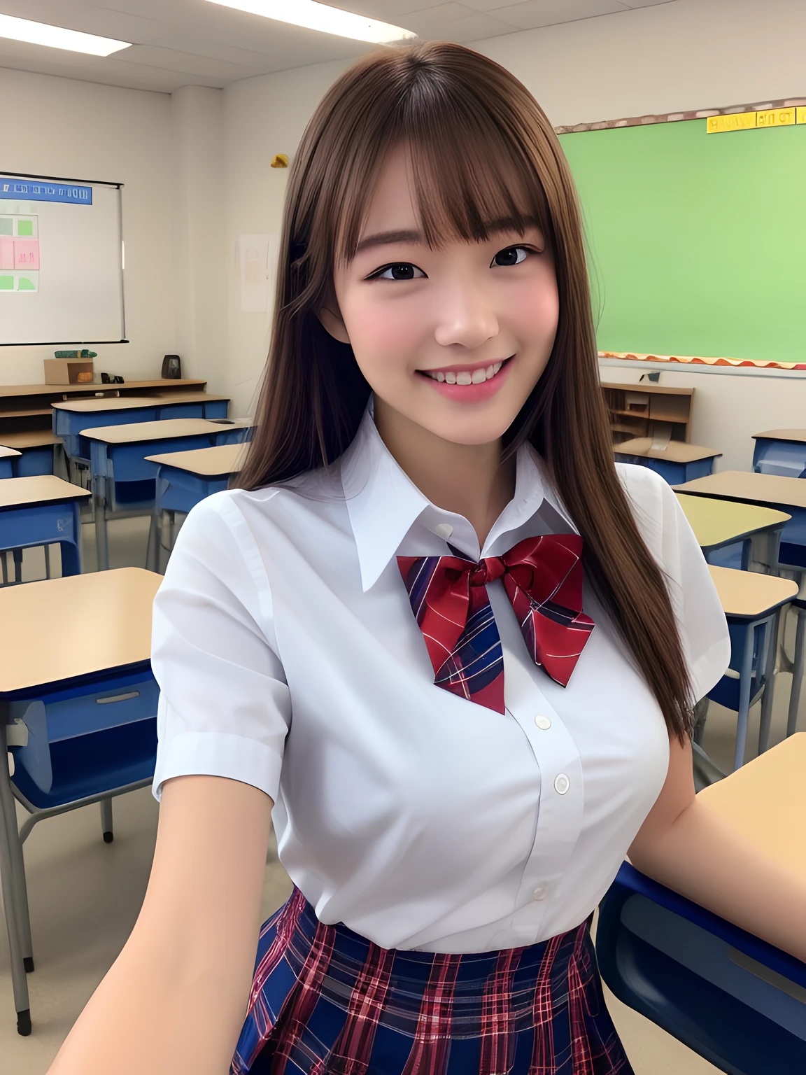 masterpiece、close up of face、front-facing view、a Japanese young pretty woman、She ran down the school hallway towards the camera with a big smile on her face........、Gorgeous figure、He is wearing a white collared short-sleeved shirt and a plain shiny red satin bow tie。。、She is wearing a blue tartan plaid long skirt.、Wear short white socks、large full breasts、absolutely pretty face、shiny lip、double eyelids for both eyes、 natural make up、long eyeslashes、shiny smooth light brown hair of medium length,、asymmetrical bangs、skin tanned、Alone in the classroom、Textbook and notes on the desk、Headframe、image in center、8K分辨率、high detal、detailed hairstyle、A detailed face、spectacular movie lighting、rendering octane、with a vibrant、 Ultra-realistic and perfect limbs、perfect anatomia、Fair skin、Real Human Skin、pores