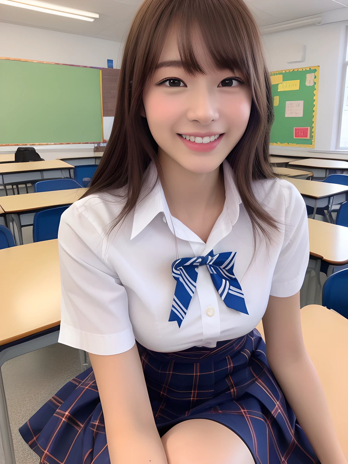 masterpiece、close up of face、front-facing view、a Japanese young pretty woman、She ran down the school hallway towards the camera with a big smile on her face........、Gorgeous figure、He is wearing a white collared short-sleeved shirt and a plain shiny red satin bow tie。。、She is wearing a blue tartan plaid long skirt.、Wear short white socks、large full breasts、absolutely pretty face、shiny lip、double eyelids for both eyes、 natural make up、long eyeslashes、shiny smooth light brown hair of medium length,、asymmetrical bangs、skin tanned、Alone in the classroom、Textbook and notes on the desk、Headframe、image in center、8K分辨率、high detal、detailed hairstyle、A detailed face、spectacular movie lighting、rendering octane、with a vibrant、 Ultra-realistic and perfect limbs、perfect anatomia、Fair skin、Real Human Skin、pores