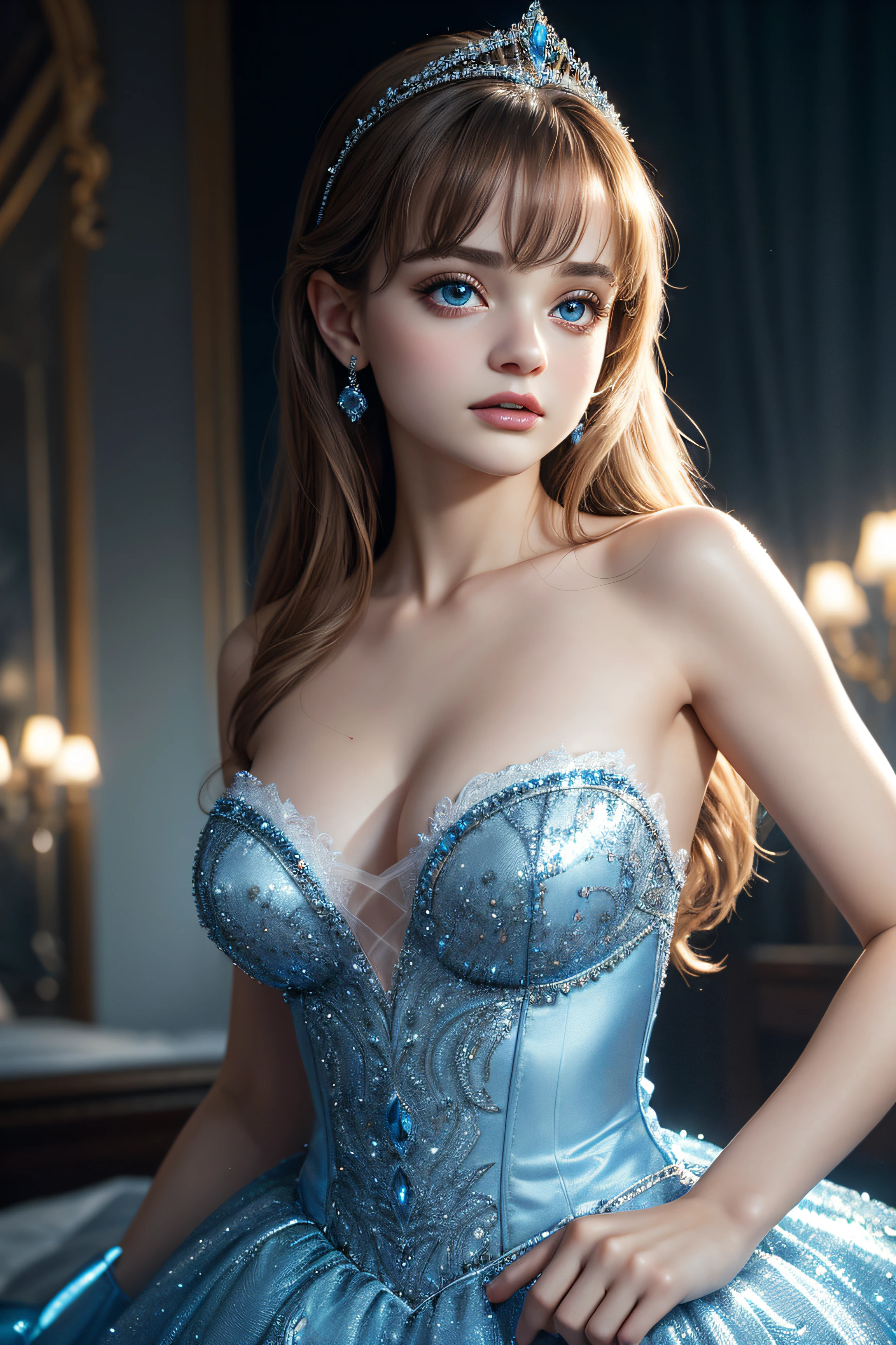 Joey King, wearing cinderella tiara sexy clothes transparent. professionally retouched, soft lighting, realistic, smooth face, perfect eyes, sharp focus on eyes, 8 k, high definition, insanely detailed, intricate, elegant. in a natural background.