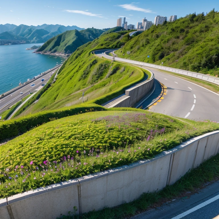 Slope protection next to highway,Cosmos flower sea,bird's eyes view
