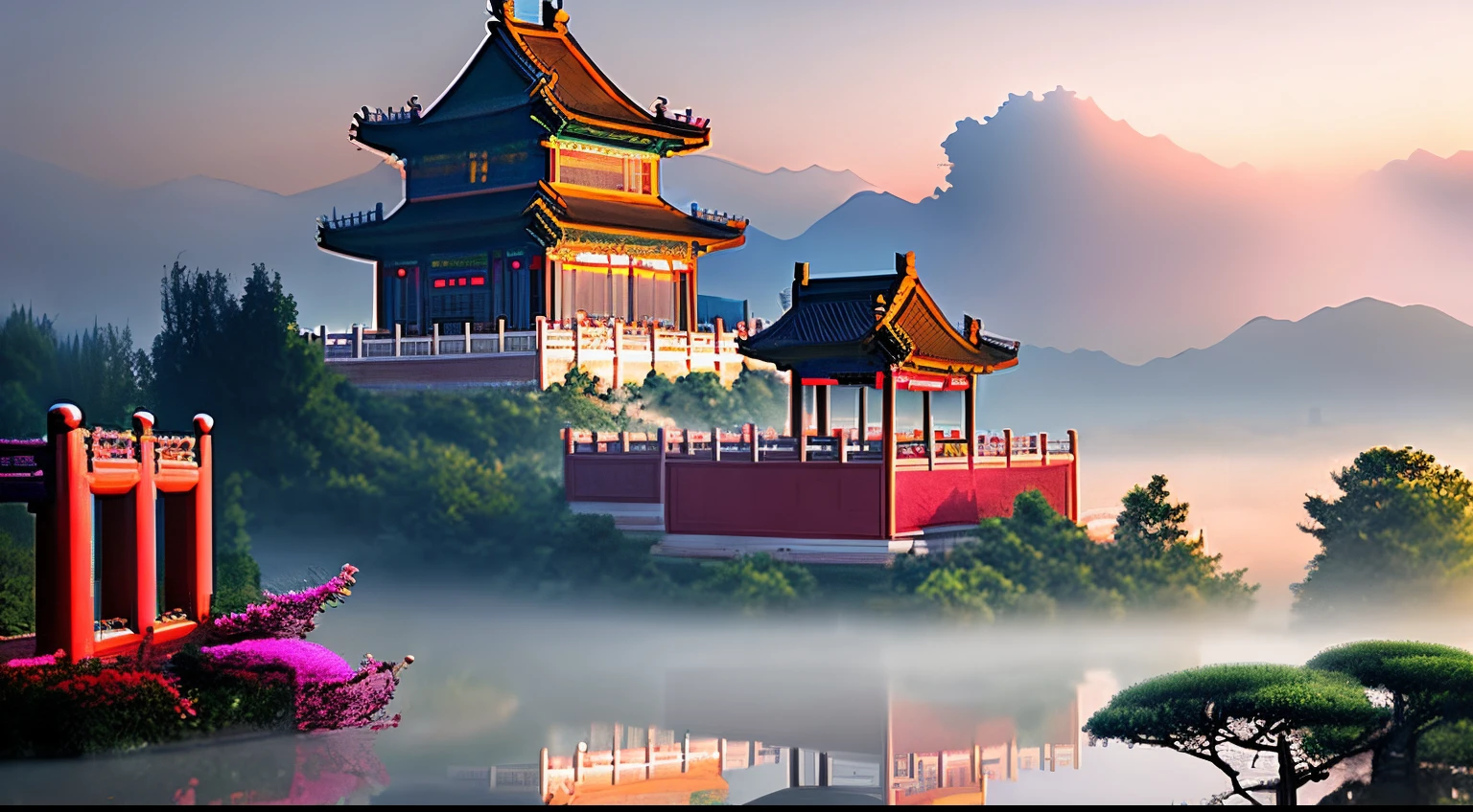 in full bloom，Clouds，Auspicious clouds，Sunrise in the mist，Chinese architecture，Lake surface，Dwarf pine，flying birds，Large commercial advertising style，Ultra-wide-angle panoramic shooting，Deep view，OC rendering，HD digital art，Beautiful ornate and exquisite illustrationagnificent and majestic momentum，The auspicious atmosphere of peace and prosperity for the country and the people，China&#39;s beautiful scenery，Rich picture layering，light painting blooming，hyper realisitc，Bright, romantic and beautiful light