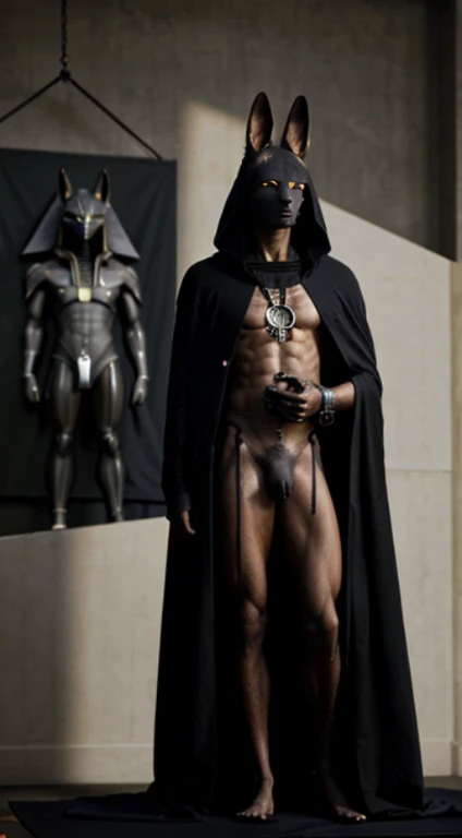 A painting of the judgment hall showing Anubis, the god of mummification and preservation, weighing the hearts of the dead. Anubis has the head of a jackal and wears a black robe. The painting has a solemn and serious atmosphere