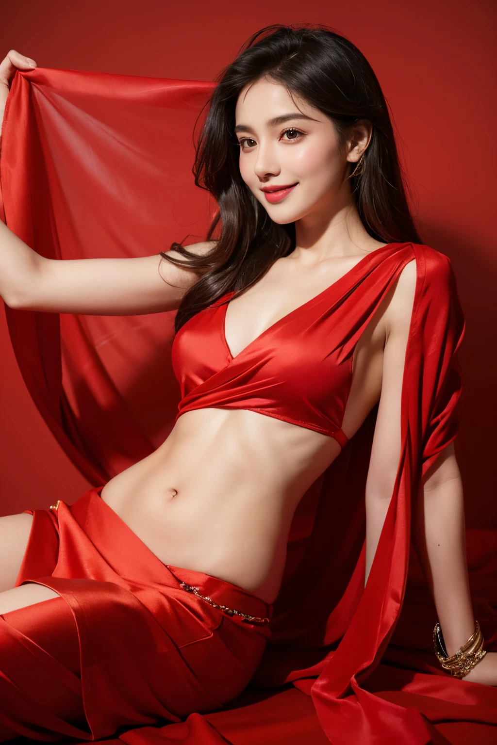 1 girl, front view, highly detailed face and body, cute, beautiful, goddess of beauty, 8k, ultra realistic, masterpiece, glossy skin, smiling, feeling happy, silk red cloth, wearing silk red thin dupatta, navel, legs