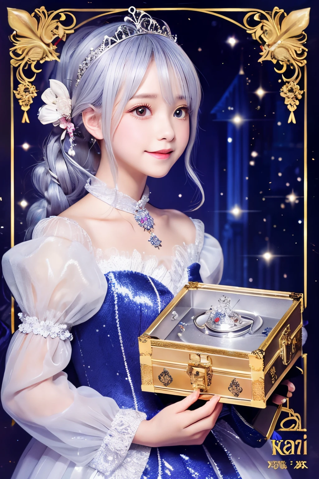 A silver-haired girl wearing a tiara holds a beautiful music box in both hands and looks at it..　Fairy tale illustration style