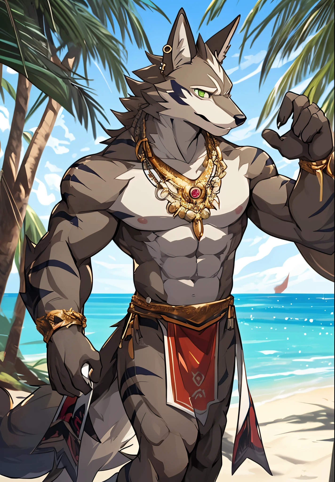 Seto (Tokyo After-School Summoners), Seto(Wandering Longing), Seth (it), Seto, Kazuma Koda, coyote, gold necklace, Gold jewelry, Ear piercing, wear a loincloth, Green Eye, Grey Body, white body, Brown Body, stripes, Striped body, High Quality, 8K, High image quality, NSFW Works, pixiv, Business card, shadowy, A composition where the whole body is visible, The right ratio, Sexy, Muscular, Very muscular, Muscular men, seaside, sand, palm tree, 夏天, colorful screen