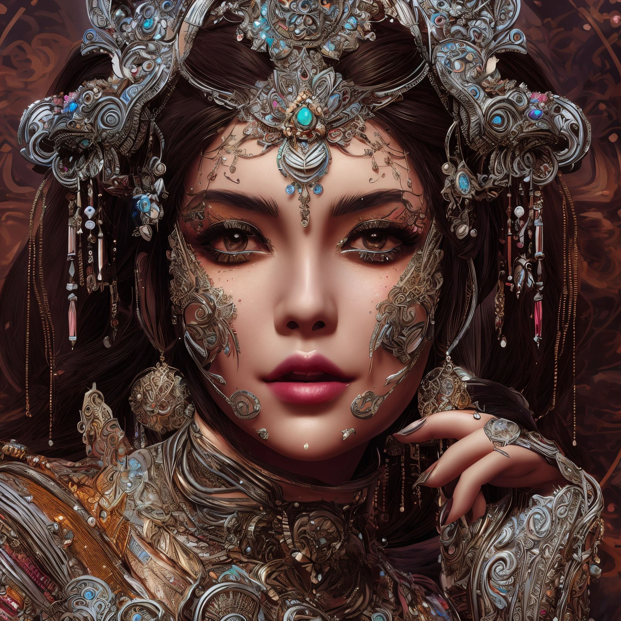 a woman with a colorful headpiece and jewelry on her face, 4k highly detailed digital art, 4k detailed digital art, great digital art with details, elaborate digital art, intricate wlop, colorfull digital fantasy art, detailed fantasy digital art, hyperdetailed fantasy character, 8k high quality detailed art, beautiful art uhd 4 k, ultra-detailed digital art