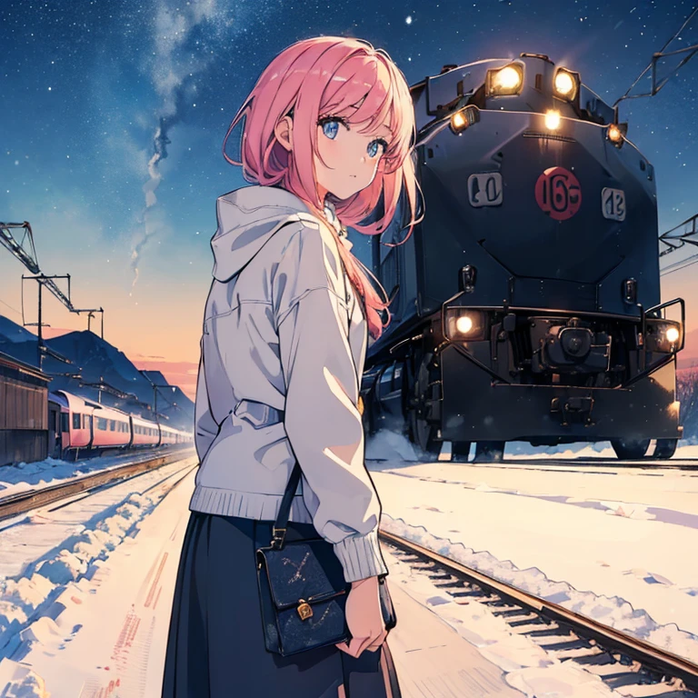 (Girl looking at a train in the distance: 1.5), Quiet place, Colorful hair, Beautiful eyes, Anime, Illustration, Masterpiece, Top quality, Absurd, High resolution, 8K, (Background detail), Air, Landscape, ( Winter: 1.3), (Night Sky): 1.5), Moonlight, Wide Shot,