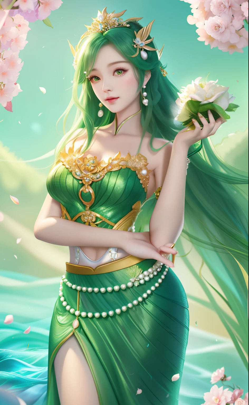 A woman in a green dress holds a flower in her hands, poker card style, beautiful fantasy empress, beautiful animal pearl queen, Queen of the Sea Mu Yanling, royal elegant pose, Portrait of the Mermaid Queen, Real photography of the Queen of the Ocean, Enchanting elven princess knight, Elegant and captivating posture, Online casino logo, poggers, Stylized digital illustration