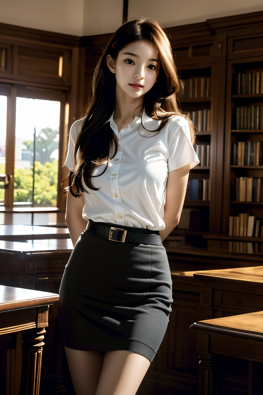 (photorealistic:1.4),Best quality, masterpiece, ultra high res,looking at viewer,libary background ,(ํ1girl),(white shirt short sleeves),((black pencil cotton skirt)),belt,pose in libary,dynamic pose ,