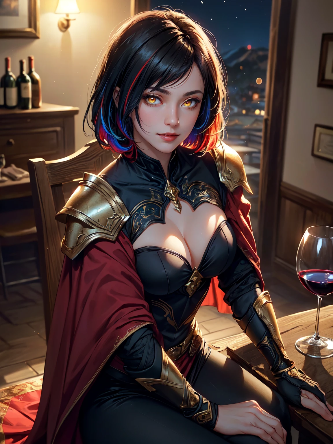 ((masterpiece)),(best quality), (((mature 1woman))), ((perfect body)), ((cinematic)), dynamic:1.2, particles:1.2, (pastel:1.2), (intricate cinematic background:1.2), (depth of field), (action movie), amazing, ((dramatic scene from movie)), powerful, realistic light, (((Gaussian blur:1.2))), (ultra realistic:1.3), ((bloom effect:1.2, soft lighting)), serana \(skyrim\), short hair, (intricate detailed red vampire armor), (dark:1.2), beautiful face, hair ornament, ((glowing red and yellow eyes, multicoloured eyes)), cape, cleavage, black cape, long sleeves, black leggings, Nvidia ray tracing, (in tavern:1.2 ), (Sitting), ((pov)), (wine:1.2), (night:1.3), (indoors:1.2), seductive smile