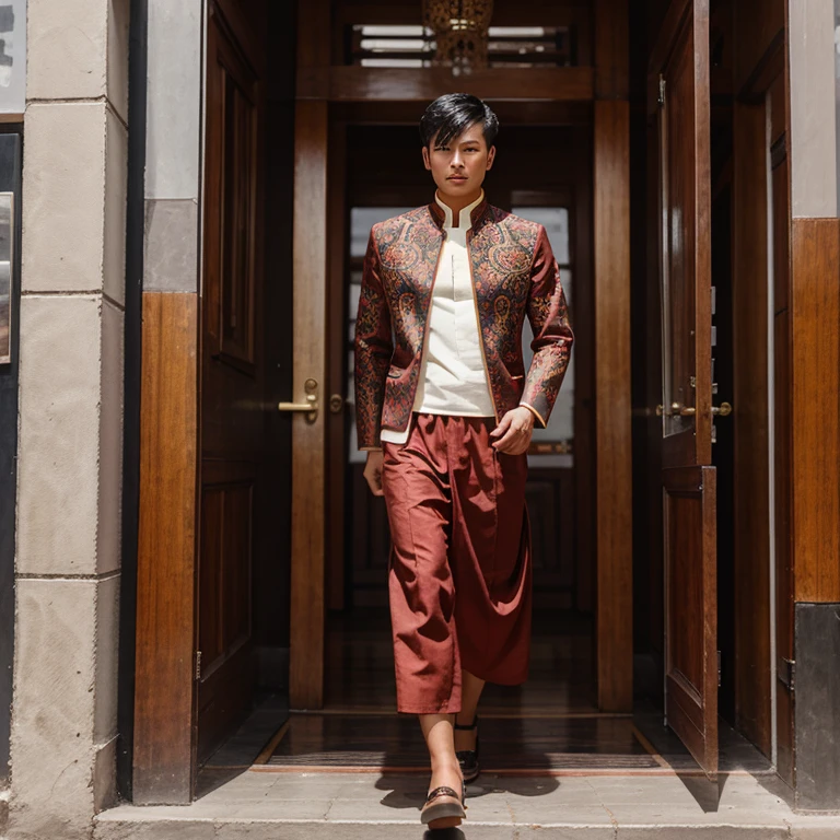 Tibetan style clothing design,full body,handsome young man,fashionable,poetic