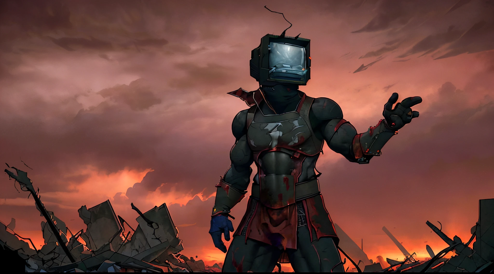 monitor head, a Mortal Kombat warrior, unmasked, on a desolate, post-apocalyptic battleground, debris and ruins scattered around, portraying a solemn yet resolute expression, under a blood-red sky with stormy weather, Photography, high-resolution DSLR with a 50mm prime lens capturing stark realism, --ar 16:9 --v 5