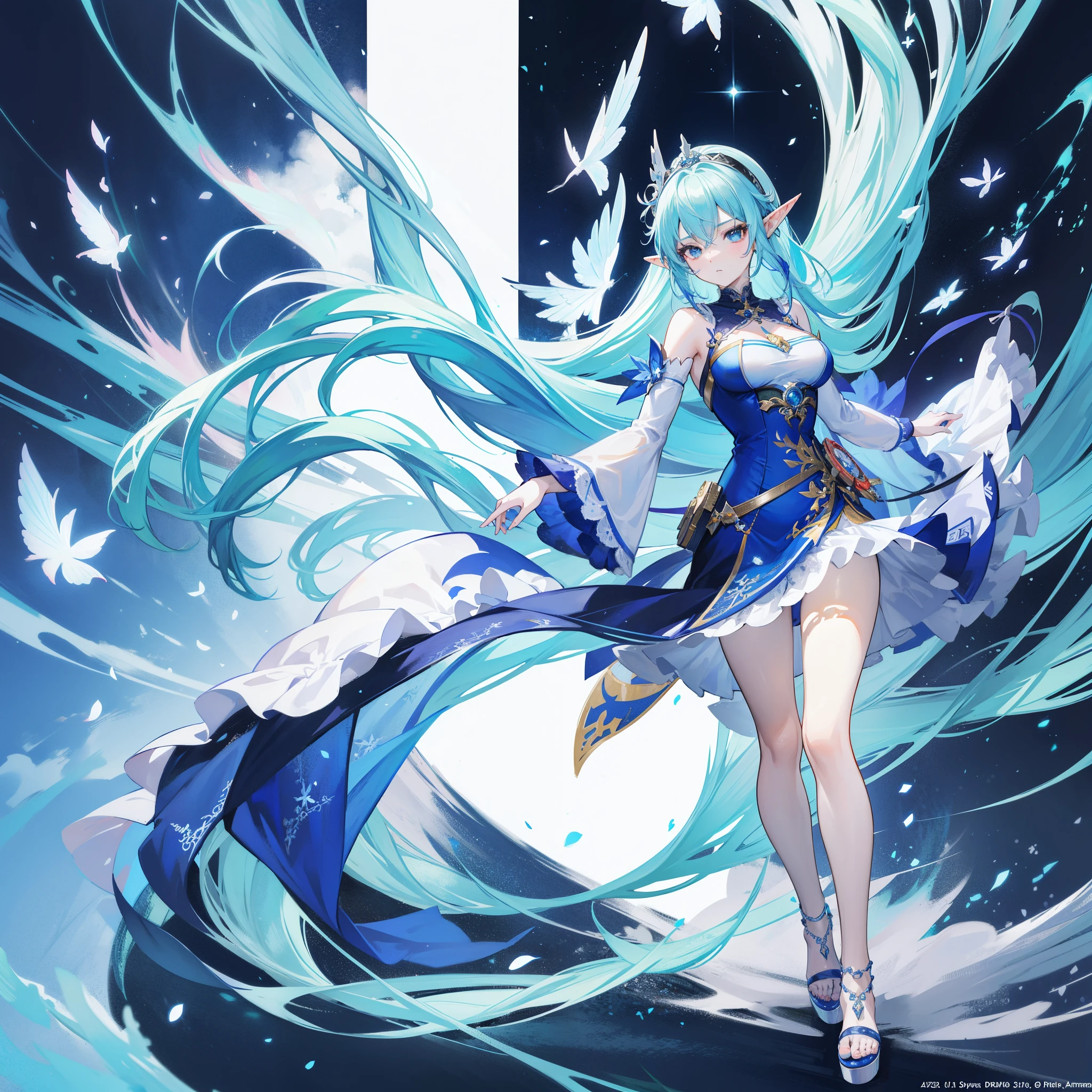 Anime – style image of a woman with blue hair and a blue dress, very detailed Artgerm, Trending on ArtStation pixiv, ArtGerm on ArtStation Pixiv, 8k high quality detailed art, anime goddess, ! Dream ArtGerm, Genshin, 2. 5 d cgi anime fantasy artwork, anime fantasy artwork,((elf-ears)), ((Long hair)), ((Clothes)), ((Full body))