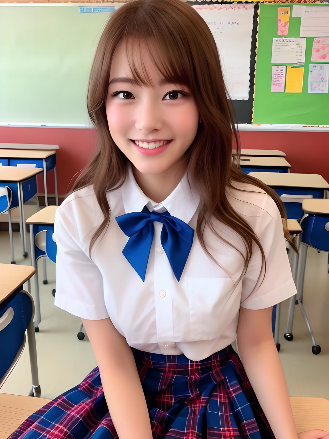 ​masterpiece、close up of face、front-facing view、a Japanese young pretty woman、She ran down the school hallway towards the camera with a big smile on her face.........、Gorgeous figure、He is wearing a white collared short-sleeved shirt and a plain shiny red satin bow tie。。。、She is wearing a blue tartan plaid long skirt.、Wear short white socks、large full breasts、absolutely pretty face、shiny lip、double eyelids for both eyes、 natural make up、long eyeslashes、shiny smooth light brown hair of medium length,、asymmetrical bangs、skin tanned、Alone in the classroom、Textbook and notes on the desk、Headframe、image in center、8K分辨率、high detal、detailed hairstyle、A detailed face、spectacular movie lighting、rendering octane、with a vibrant、 Ultra-realistic and perfect limbs、perfect anatomia、Fair skin、Real Human Skin、pores