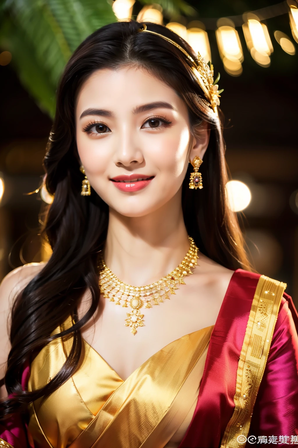 (8K分辨率,full body shot),(alone ,20yr old,(Facial features of Thai Min:1.8,Thin skeletal cheeks,s delicate face),com rosto detalhado,Lovely face,com rosto detalhado,详细的脸,Ultra-fine makeup,Black colored eyes,(looking to the camera),Long dark red hair,(Messy hair layers),Redlip,Fair smooth skin,(Best Skin Type:1.21),big breasts,((Ancient Thai women's clothing,Delicate shawl straps,Luxury ladies' tube dresses),A small number of flower hairpins,Luxury necklaces and bracelets),Tall and tall,perfect hand,Ultra-fine clothing material),(party,banquet,tropical trees,Exquisite environmental details),(exhilarated,confident smile,Rejoice,intimacy),(profesional lighting,动态照明),((Strong color contrast,Noble and sexy,elegant(golden colored,red colour,In pink))),(Golden section,Dynamic shots,Hasselblad photograp,tmasterpiece:1.3),(Noble temperament,mistic,Fashionab,trendsetting,Artis,Art platform)