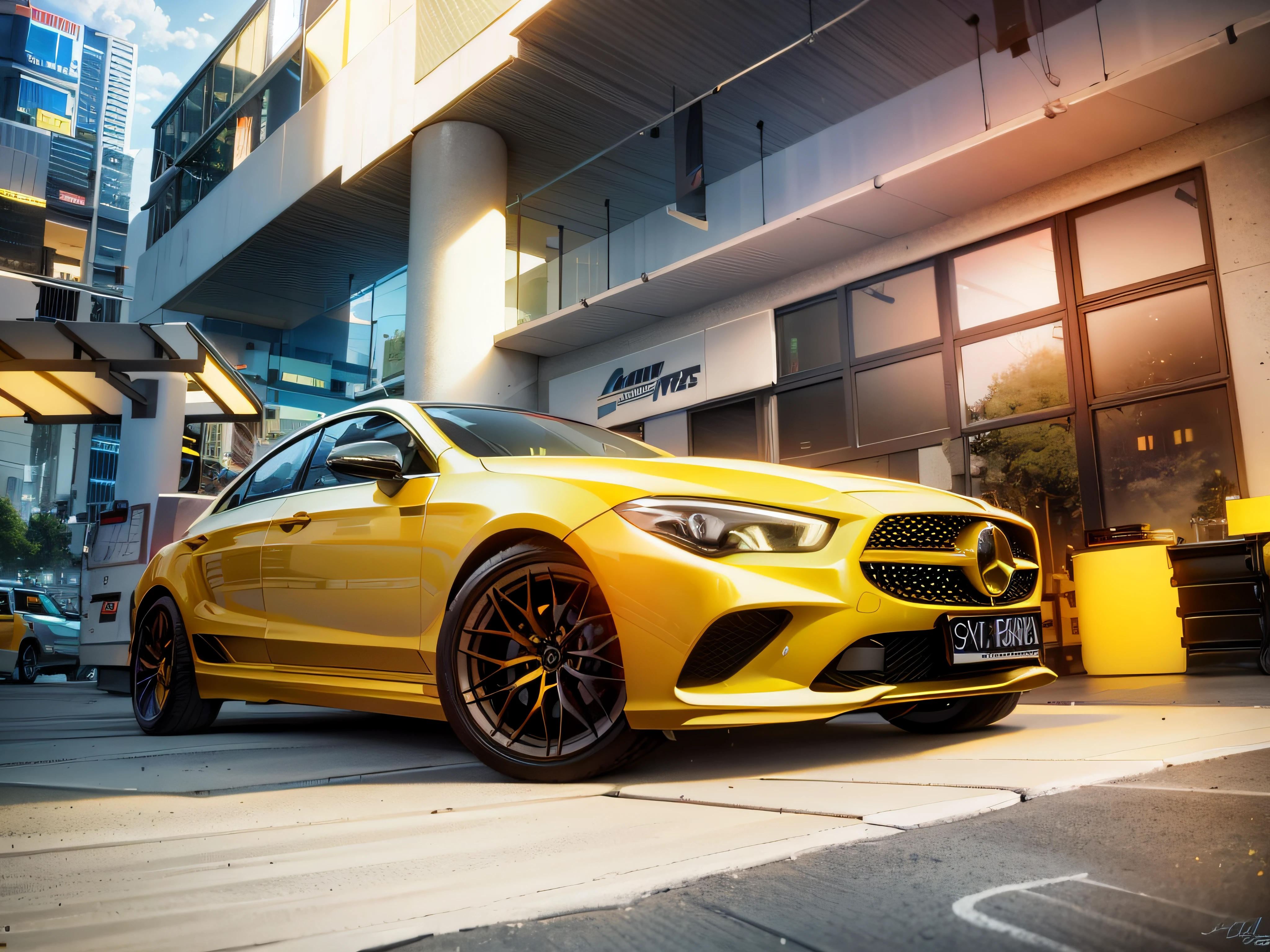 Yellow Mercedes car, masterpiece, best quality, high quality, extremely detailed CG unity 8k wallpaper, neon, cyberpunk city, shot on a Sony mirrorless camera, DSLR, 50mm lens f/2.8, ultra detailed, 8k, --v 4