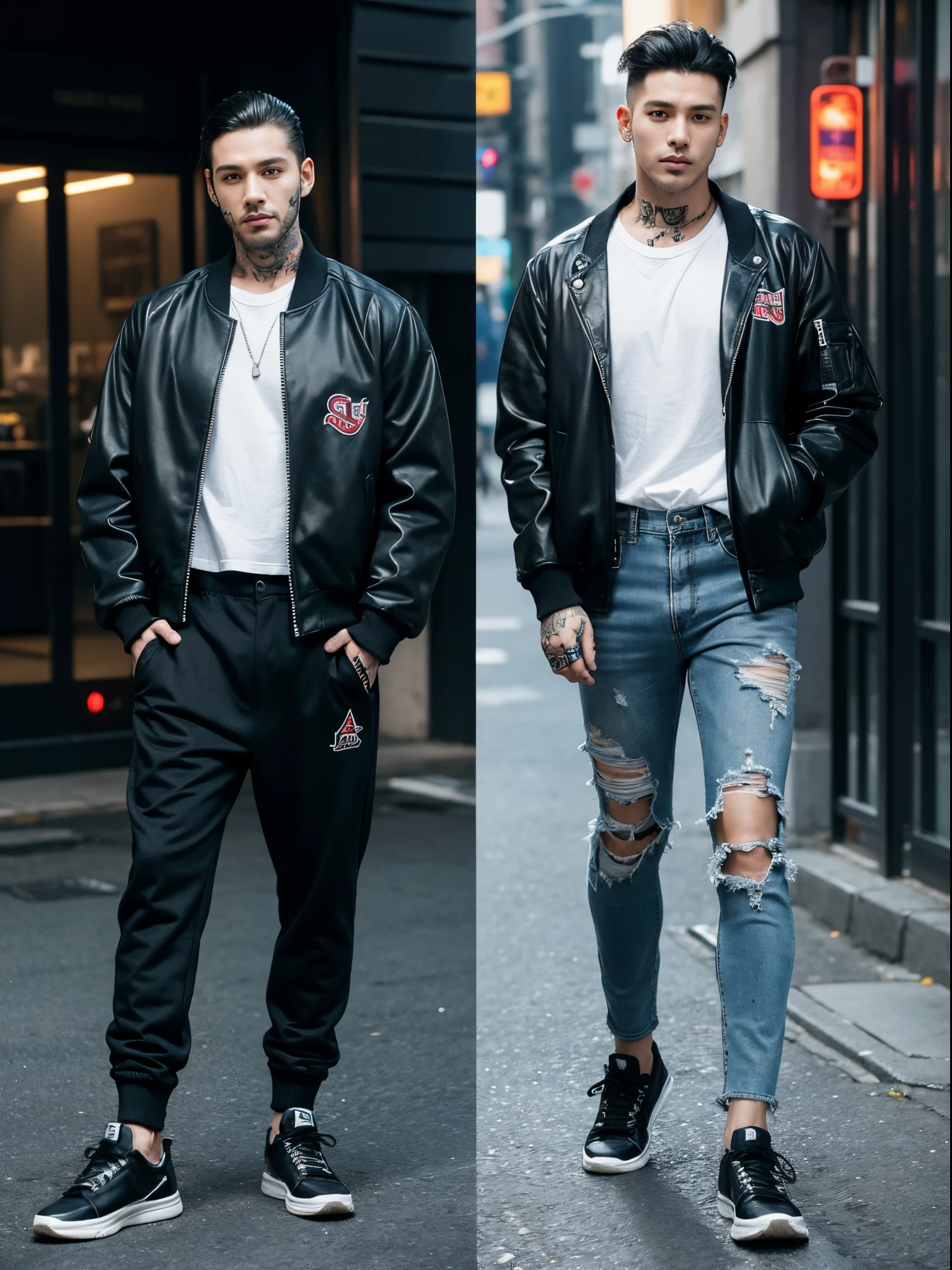 male, 30 years old, slick back, baseball jacket, torn trousers, rings, piercing, full body tattoos, street, half body photo