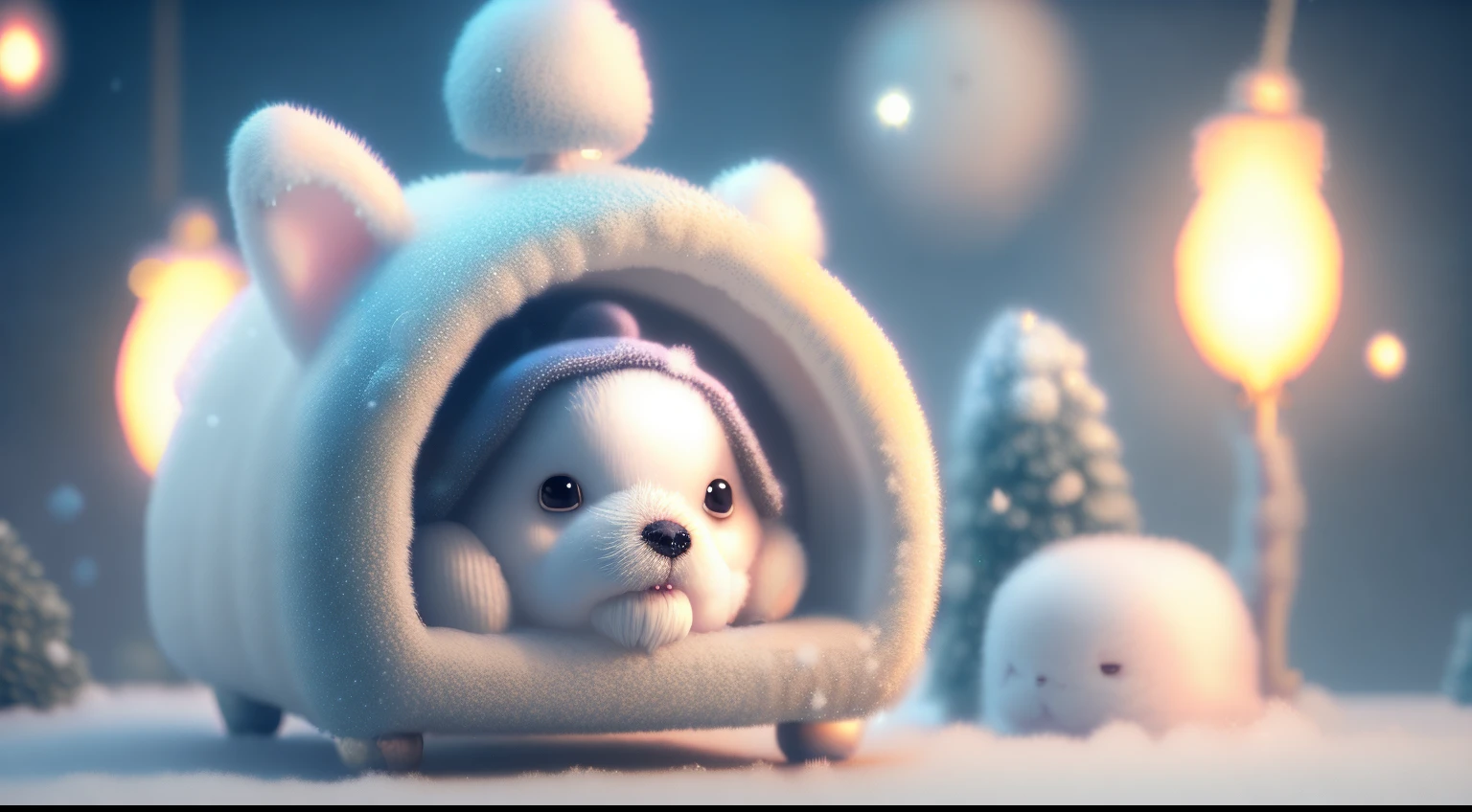 cute  little corgi dog, sleeping well in the doghouse, snow falling, zbrush, 8k, ultra- realistic UREAL, snow white