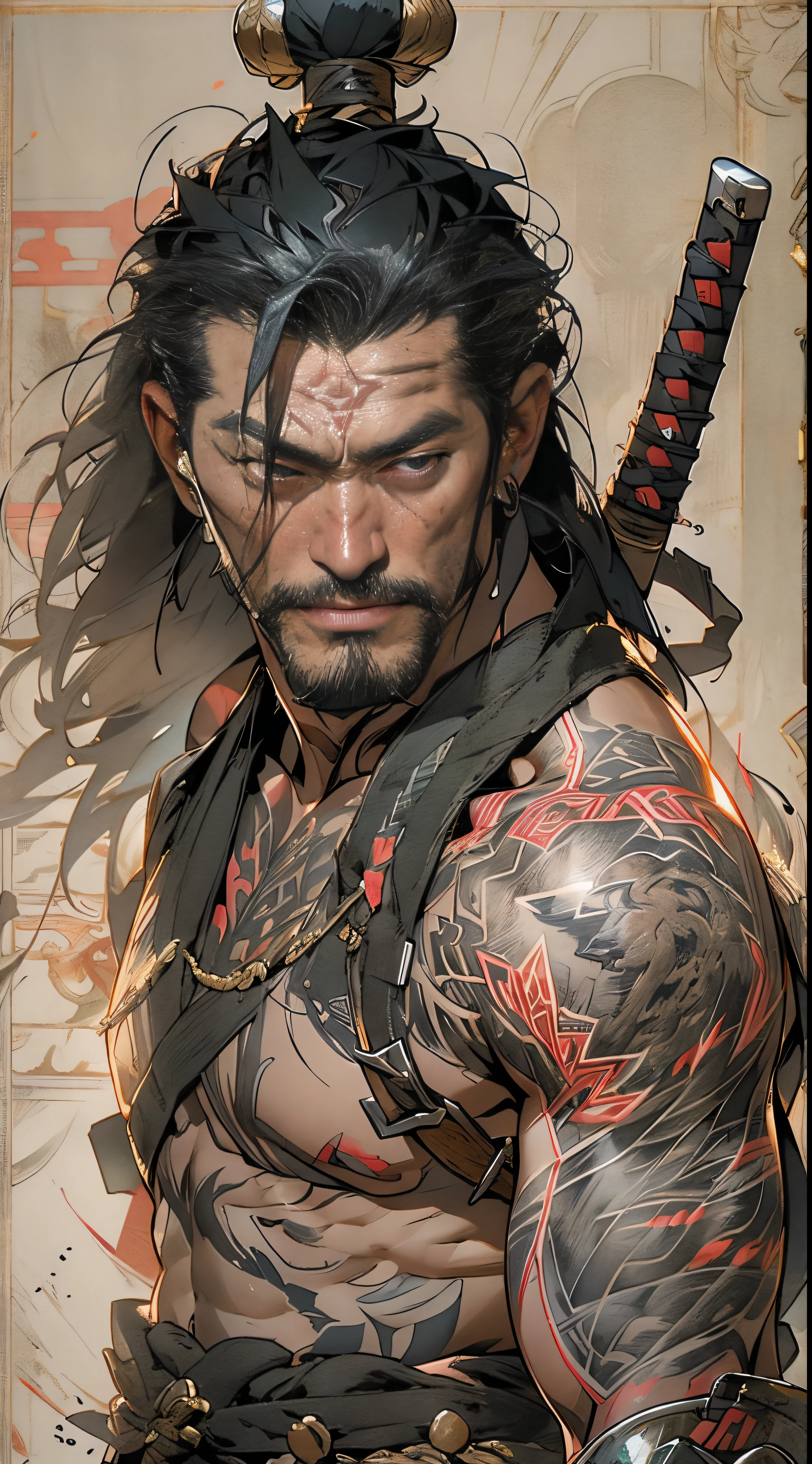 (((middle-aged man half body))), (((Best quality at best))), (((tmasterpiece))), Look up from your knees, Handsome Asian samurai,Half a body,Strong body,Steel body shape,Just look at the audience,confident smile,A row of teeth exposed,perfect body figure, Modern samurai, ((( Asian people))), Wear gloves,Left arm made of steel,The shield has a metal tip, Eyes slightly upward, Almost naked,Castle city wilderness or high resolution poster, Straight hair flowing straight hair, Minimum dress code, armour (Crazy tips and studded clothes, tribal tattoo body esbian))), Brunette Straight Hair,Dyeing hair ends