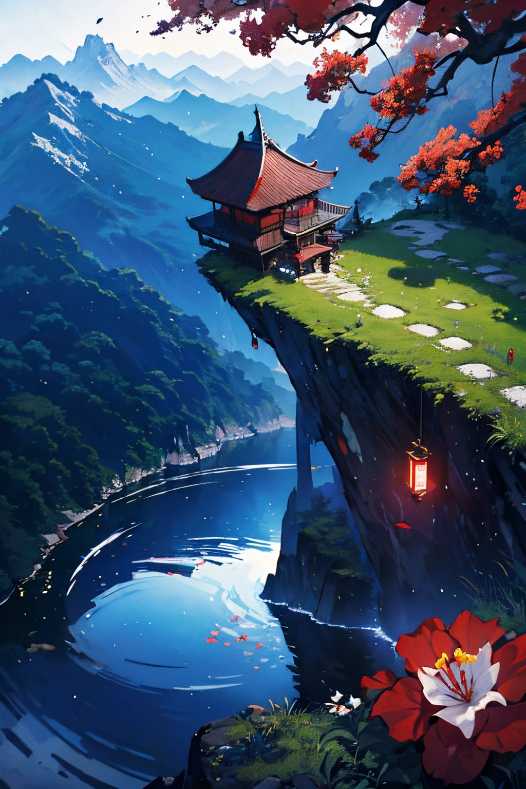 Mansion on top of the mountain, foot of the cliff, midynight, full moon, Reflections of light, shining stars, red roses, Scarlet roses, White lilies, mystery, dream, flower energy, marvelous landscape, dark green forest, The top of the mountain, house on a hill, iron fence, huge red and white flower garden, Chinese style mansion