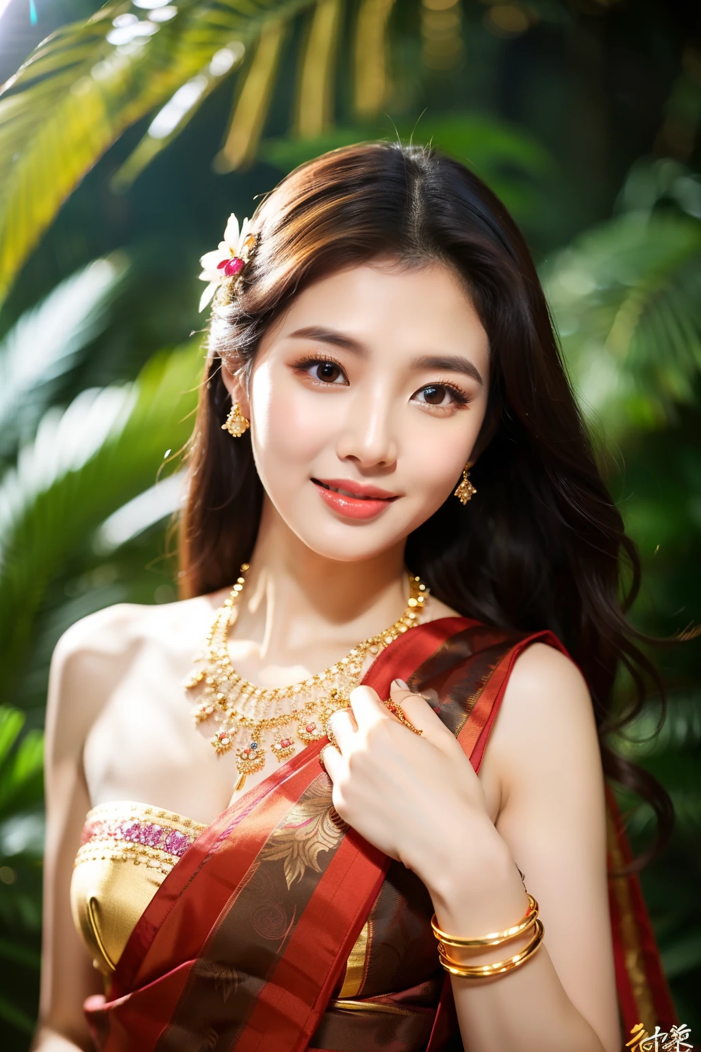 (8K分辨率,Photo covering face and knees),(alone ,20yr old,(Facial features of Thai Min:1.8,Thin skeletal cheeks,s delicate face),com rosto detalhado,Lovely face,com rosto detalhado,详细的脸,Ultra-fine makeup,Black colored eyes,(looking to the camera),Long dark red hair,(Messy hair layers),Redlip,Fair smooth skin,(Best Skin Type:1.21),mediuml breasts,((Ancient Thai women's clothing,Delicate shawl straps,Luxury ladies' tube dresses),A small number of flower hairpins,Luxury necklaces and bracelets),Tall and tall,perfect hand,Ultra-fine clothing material),(party,banquet,tropical trees,Exquisite environmental details),(exhilarated,confident smile,Rejoice,intimacy),(profesional lighting,动态照明),((Strong color contrast,Noble and sexy,elegant(golden colored,red colour,In pink))),(Golden section,Dynamic shots,Hasselblad photograp,tmasterpiece:1.3),(Noble temperament,mistic,Fashionab,trendsetting,Artis,Art platform)