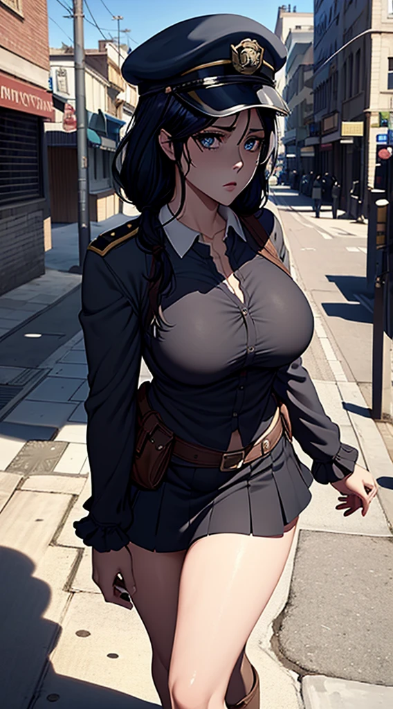 Long black hair, police dress, massive sized boobs, thigh legs, police cap on her head,short police skirt, standing,blue colour eyes,ultra realistic detailed blue eyes, beautiful and perfect face, city street background, Violet Evergarden's hairstyle, black hair