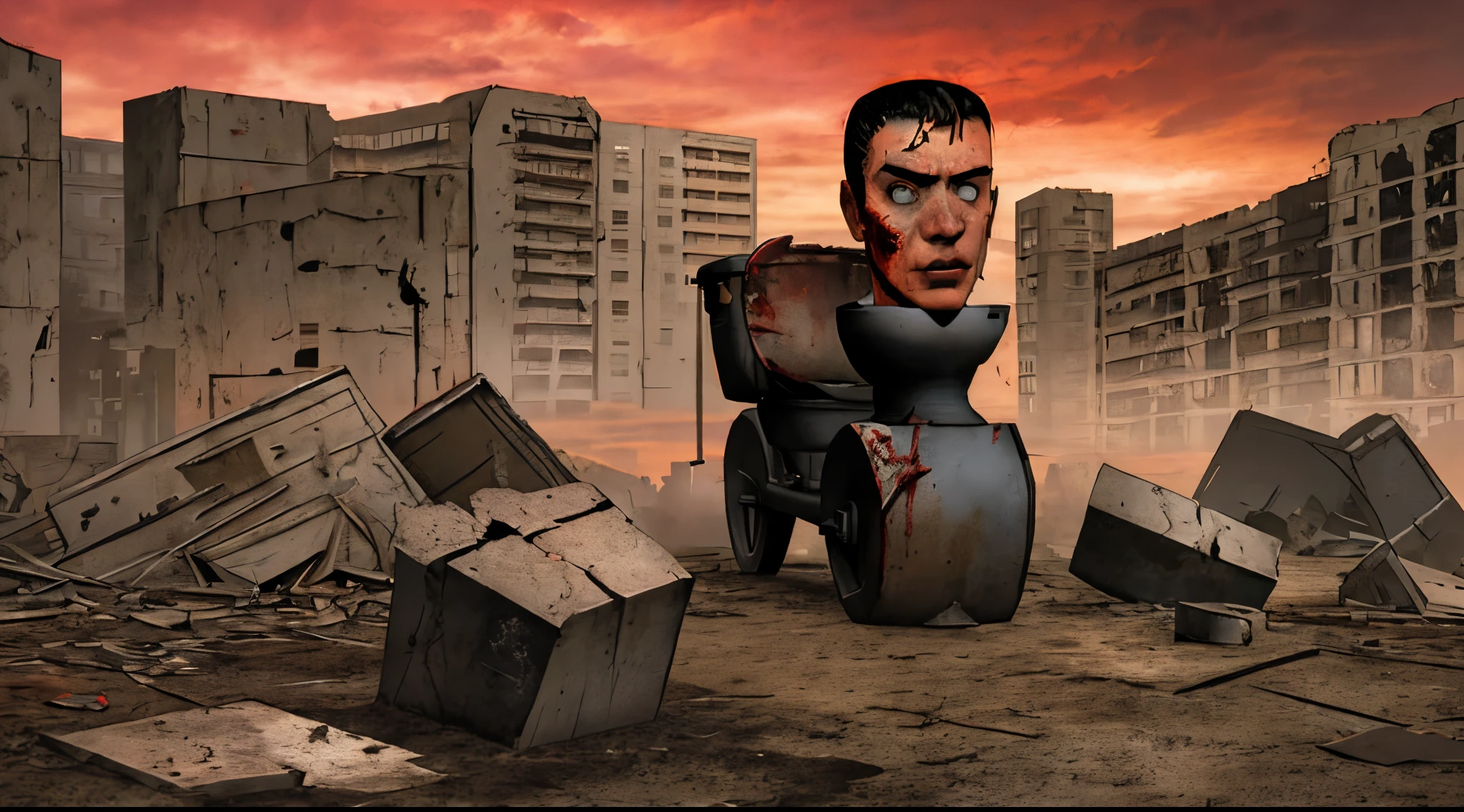 Skibidi, male head in toilet, a Mortal Kombat warrior, unmasked, on a desolate, post-apocalyptic battleground, debris and ruins scattered around, portraying a solemn yet resolute expression, under a blood-red sky with stormy weather, Photography, high-resolution DSLR with a 50mm prime lens capturing stark realism, --ar 16:9 --v 5