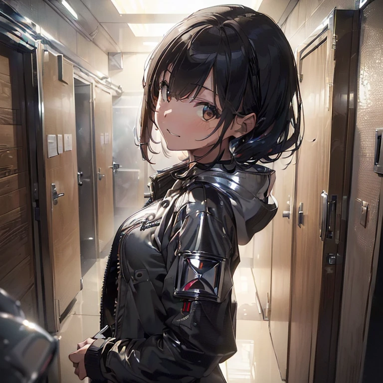 ((best quality, 8k, masterpiece, cinematic:1.5)), (atmospheric), (brilliant morning atmosphere), (from above), 1lady, slender, (shaggy hair), grinning, (lots of chrome color tactical jacket:1.4), looking up, more_details:-1, more_details:0, more_details:0.5, more_details:1, more_details:1.5