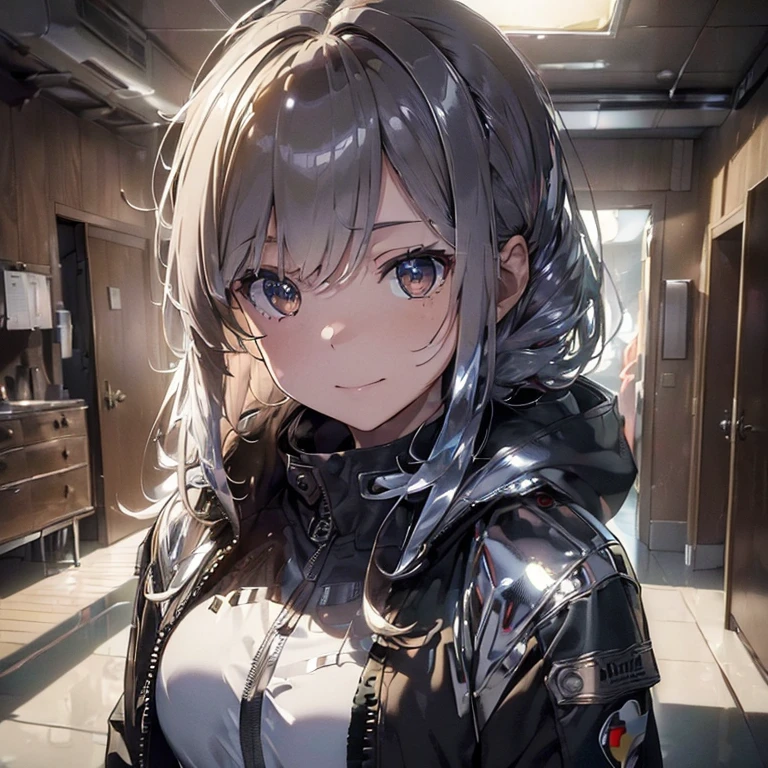 ((best quality, 8k, masterpiece, cinematic:1.5)), (atmospheric), (brilliant morning atmosphere), (from above), 1lady, slender, (shaggy hair), grinning, (lots of chrome color tactical jacket:1.4), looking up, more_details:-1, more_details:0, more_details:0.5, more_details:1, more_details:1.5