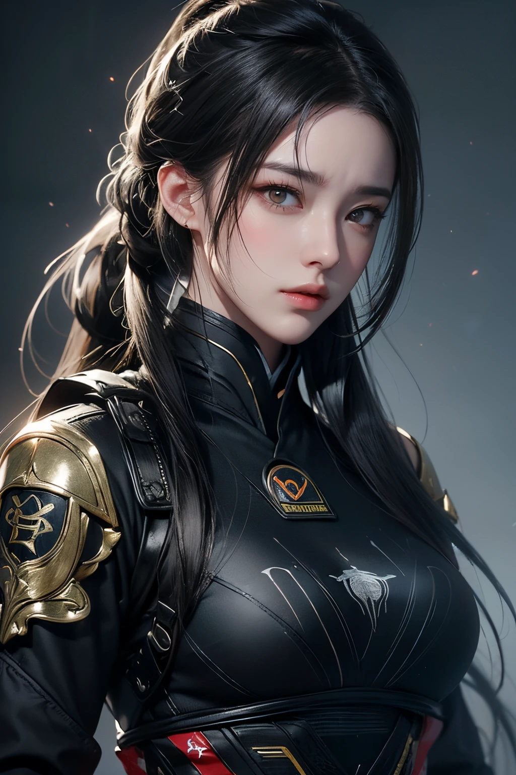 high high quality,A high resolution,masterpiece,8K,(Hyperrealistic photos),(Portrait),digital photography,(真实感:1.4),20岁女孩,exquisite facial features,flashing red eyes,((A lachrymal mole under the eye)),Long ponytail hairstyle,(black color hair),Big breasts,(Combat uniforms,Super detailed clothing patternra-wipe),Keep your mouth shut,He frowned,Cold and serious,extremely detailed expression,realistic detail,Light magic,Photo pose,Combat posture,oc render reflection texture