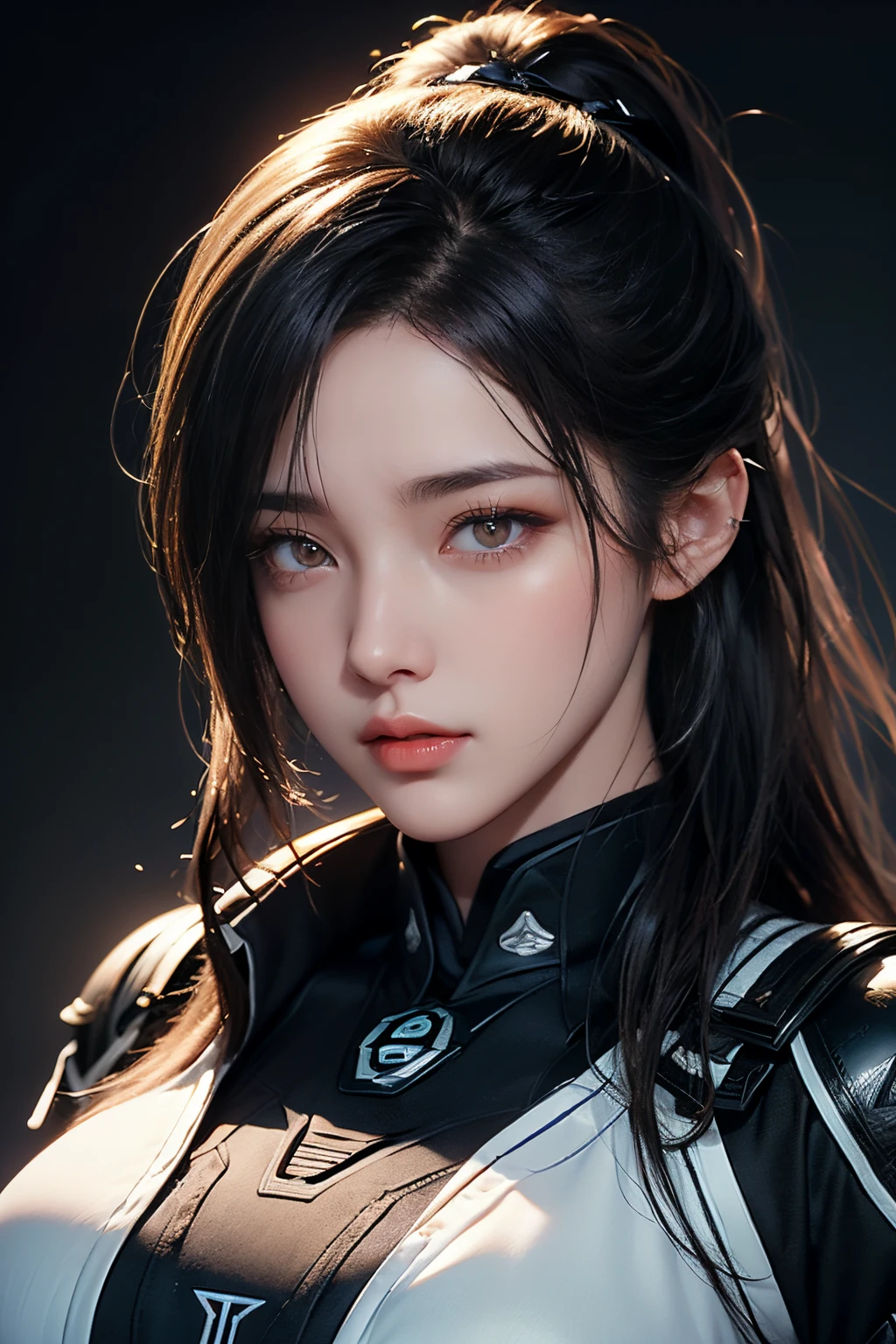 high high quality,A high resolution,masterpiece,8K,(Hyperrealistic photos),(Portrait),digital photography,(真实感:1.4),20岁女孩,exquisite facial features,flashing red eyes,((A lachrymal mole under the eye)),Long ponytail hairstyle,(black color hair),Big breasts,(Combat uniforms,Super detailed clothing patternra-wipe),Keep your mouth shut,He frowned,Cold and serious,extremely detailed expression,realistic detail,Light magic,Photo pose,Combat posture,oc render reflection texture