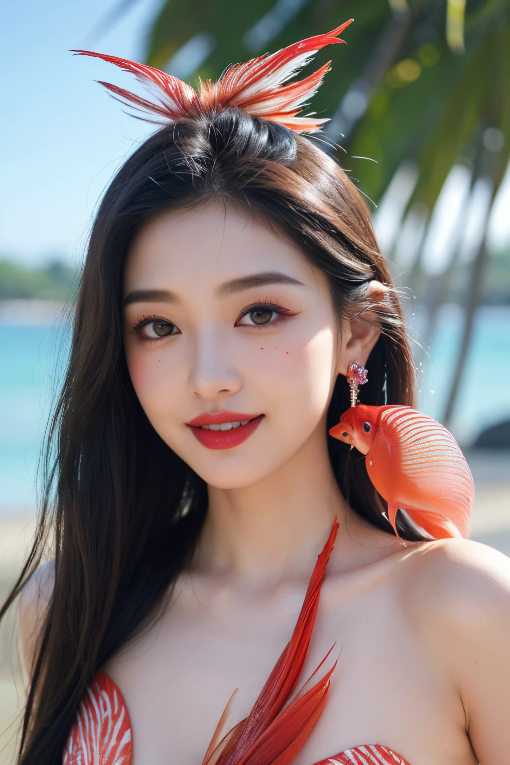 (extra detailed body、extra detailed face、best qualtiy:1.2)、female、looking at the viewers、(Hair dyed iridescent、sixteen years old、a smile、Earrings of bird feathers up to the shoulders,bird feather top, see-through:1.9, oily skin, glitter eyeliner:1.3,thin pink cheeks, blush,red lips、a smile)、(Chaos of flying tropical fish in the background:1.4)haute couture