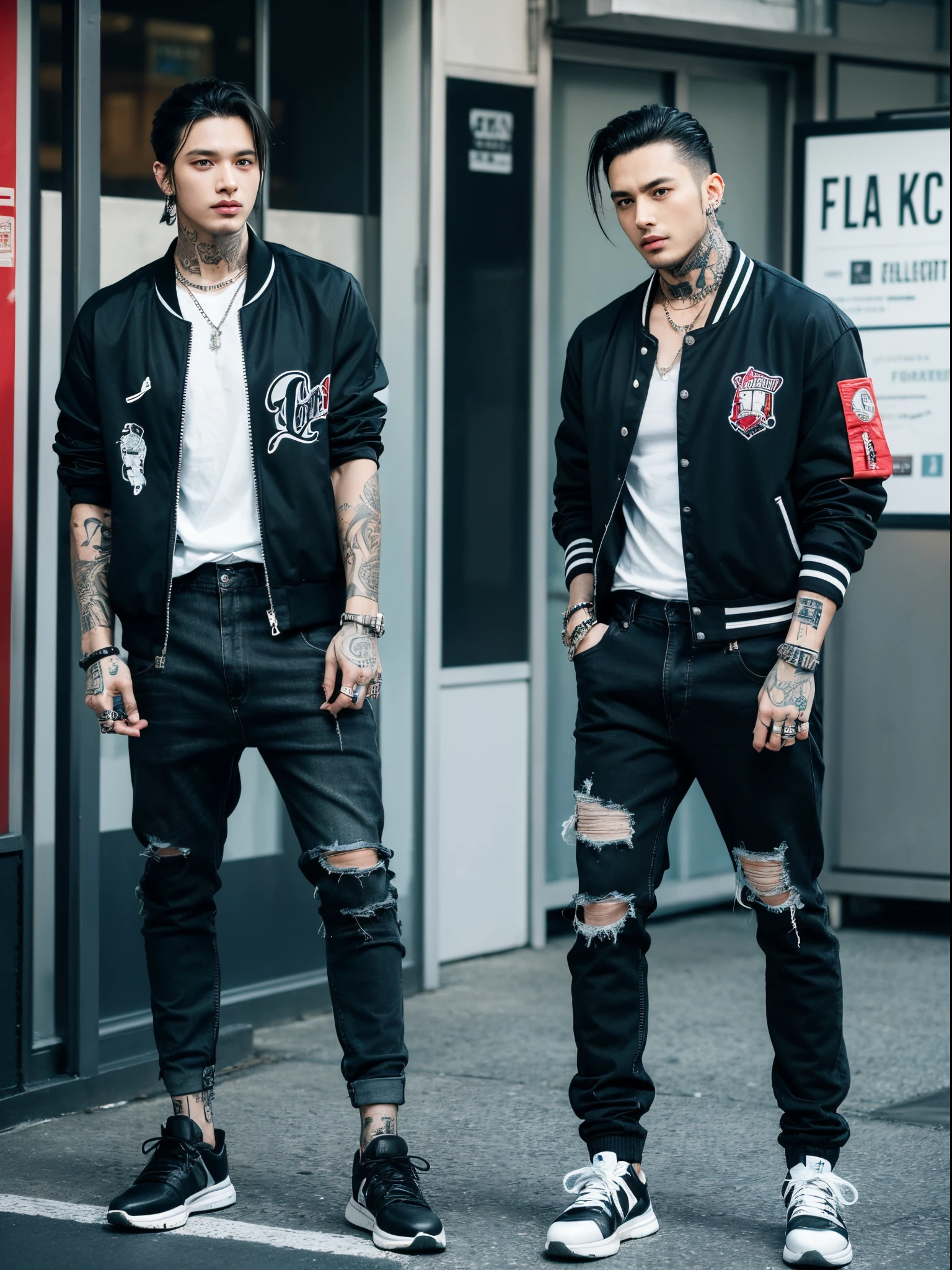 male, 30 years old, slick back, baseball jacket, torn trousers, rings, bracelet, necklace, piercing, full body tattoos, street