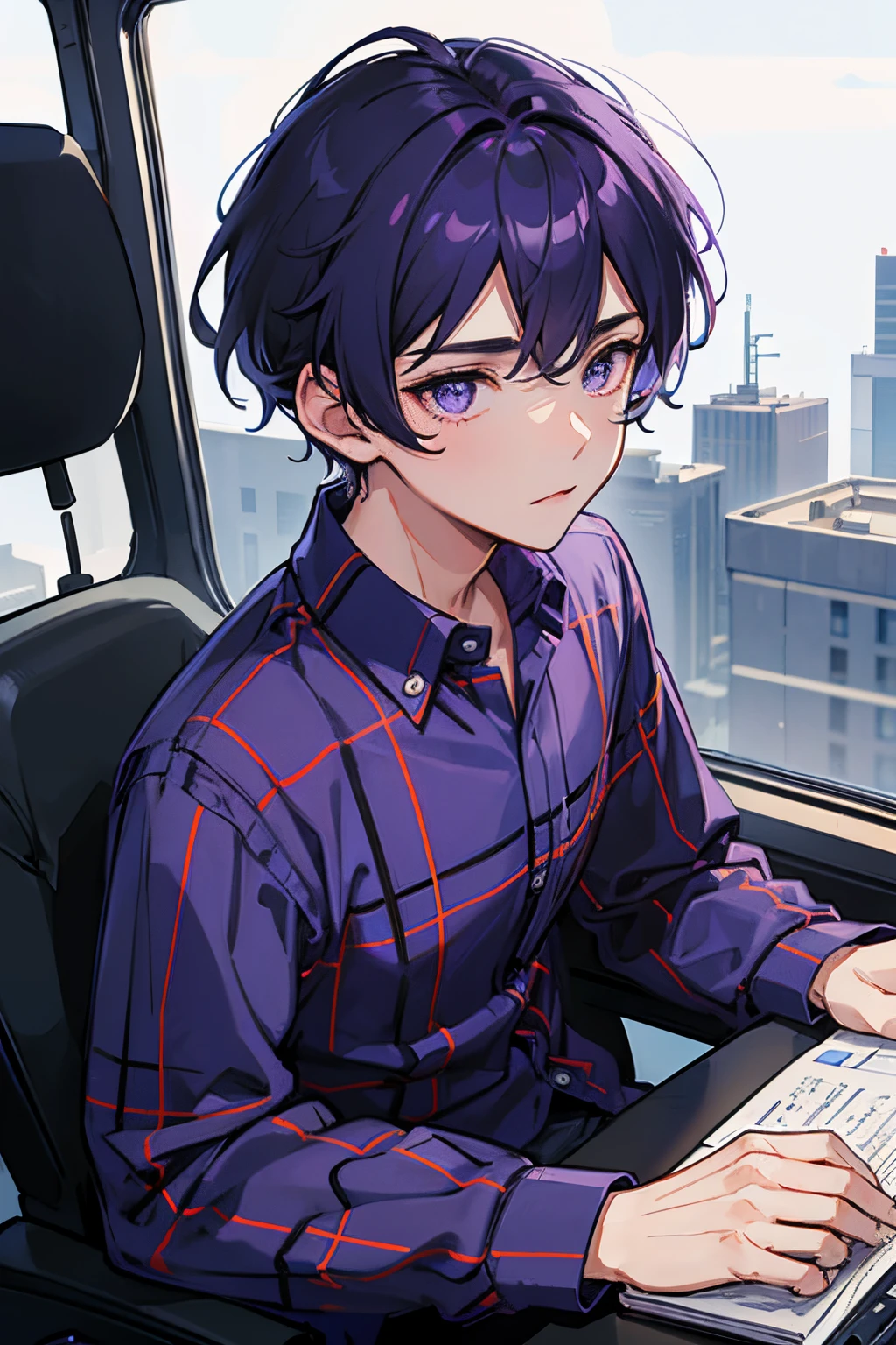 16k,quadratic element，innocent boy，Purple eyelue plaid shirt，Programmer characteristics，Deep eyes