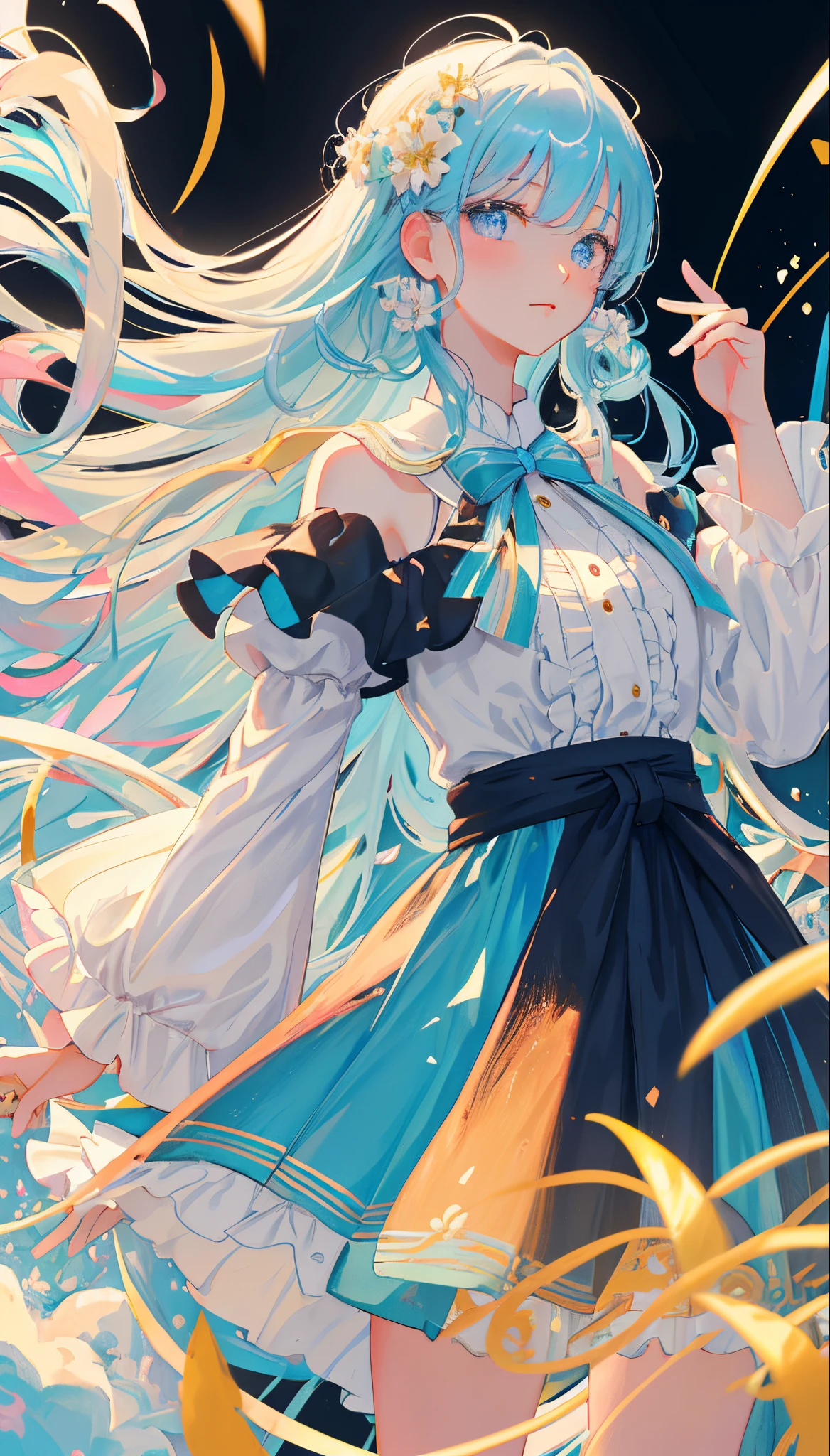 (masterpiece), (best quality), (ultra detailed),(disheveled hair),(illustration), (1girl), (Fashionable clothing), standing, Fashion model, looking at viewer, (interview), (simple background),beautiful detailed eyes, delicate beautiful face, Floating,(high saturation),(colorful splashes),colorful bubble,(shining), focus on face, kamisato ayaka, light blue hair, bangs, hair ring, floating flowers, floating hairs.Girl, anime waifu, looking at viewer, highlydetailed, reflections transparent iridescent colors, long transparent iridescent RGB hair, artby Serafleur from artstation, thick acrylic,illustration on pixiv, waist up portrait, gorgeoussacred girl, best quality, ultra detailed,sad,clever,beautiful face , beautiful lighton black background, Character stvle renderedby Octane,