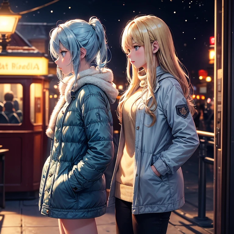 masterpiece,best qualtiy,Photorealista,lifelike rendering,two womens,One person has light blue hair, the other one has blonde hair、cowboy shot,profile,natta,night shot,Station platform、motion-blur,Film grain:1.2,Winter jacket,Radiant Comfort, the golden hour, cosy atmosphere、friendly atmosphere