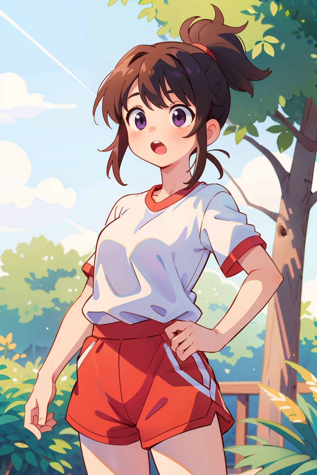 artist logo, 1girl, chitanda eru, oreki houtarou, red shorts, long hair, black hair, open mouth, bangs, shirt, purple eyes, short sleeves, gym uniform, ponytail, white shirt, shorts, looking at another, breasts, short hair, :o, looking at viewer, collarbone, brown hair, gym shorts, cowboy shot, teeth, gym shirt, upper teeth only, outdoors, (masterpiece,best quality)