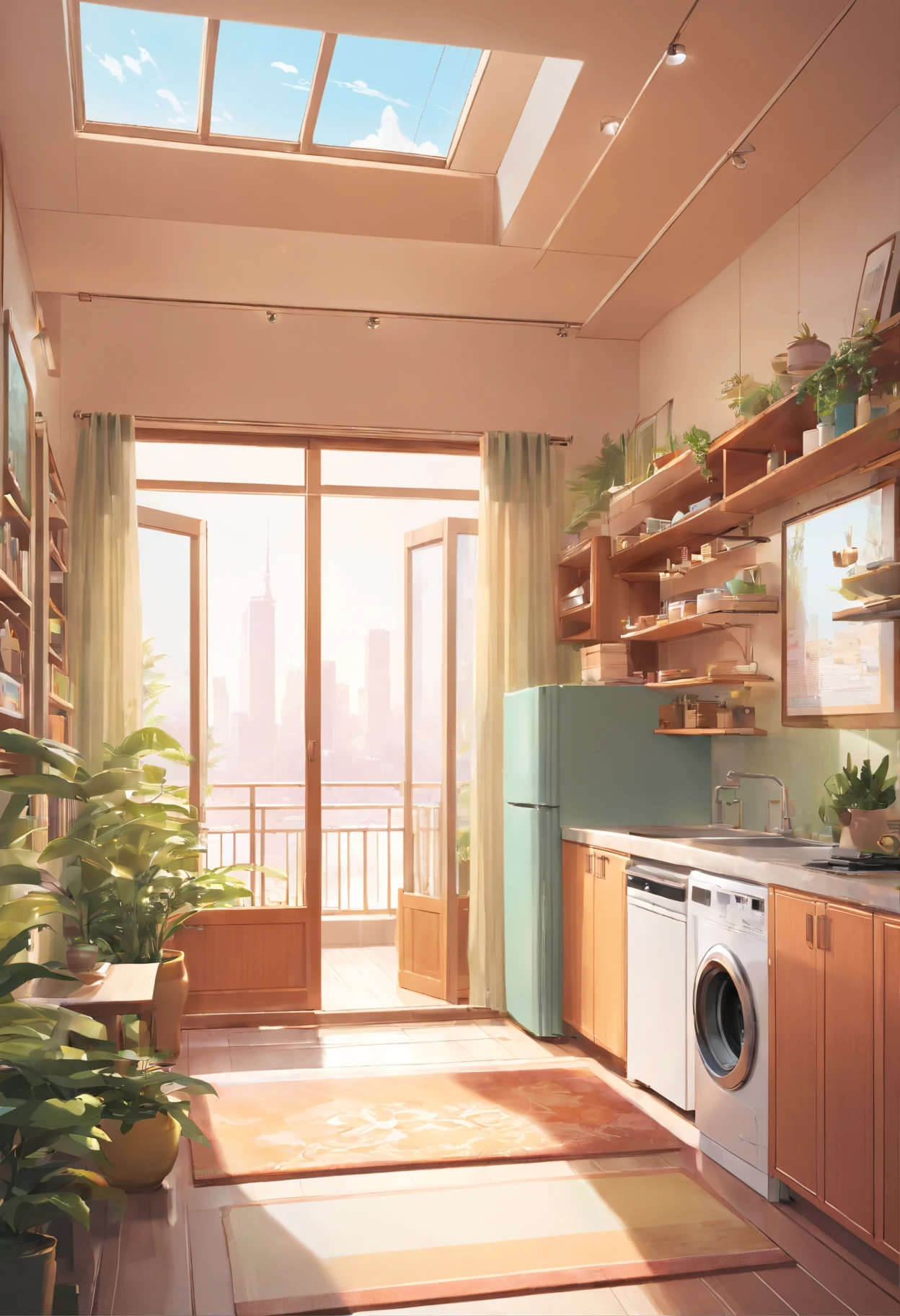 Balcony outside living room, extremly intricate, washing machine,cityscape in the window,Tips can be generated based on the following qualities,4K,8K,A high resolution,tmasterpiece:1.2),ultra - detailed,(actual,realistically,realistically:1.37),First perspective,,A neat and orderly space,The environment bright and clean,atmosphere,Contemporary design,Functional furniture,minimal interference,Calm and serene atmosphere,Soft color palette,Neutral tones, and elegant style,Smooth lines and shapes,There a purpose、purposeful arrangement,chill out,Visual harmony,Meticulous attention to detail,Inspiring and motivating environment,inner peace,Quiet and peaceful environment,A harmonious balance between functionality and beauty,Exceptional craftsmanship and quality,Clear and uncluttered space,Great for intellectual pursuits,No distracting or unnecessary elements,Clean and refreshing appearance,Compositions that are cohesive and visually appealing,Harmony between the theme and its surroundings,Peaceful and peaceful atmosphere." Realize that: 1. Does not contain any explanatory content2. Tags and commas","Separate 3. Tags are arranged from high to low importance4. Tags do not contain quotes""