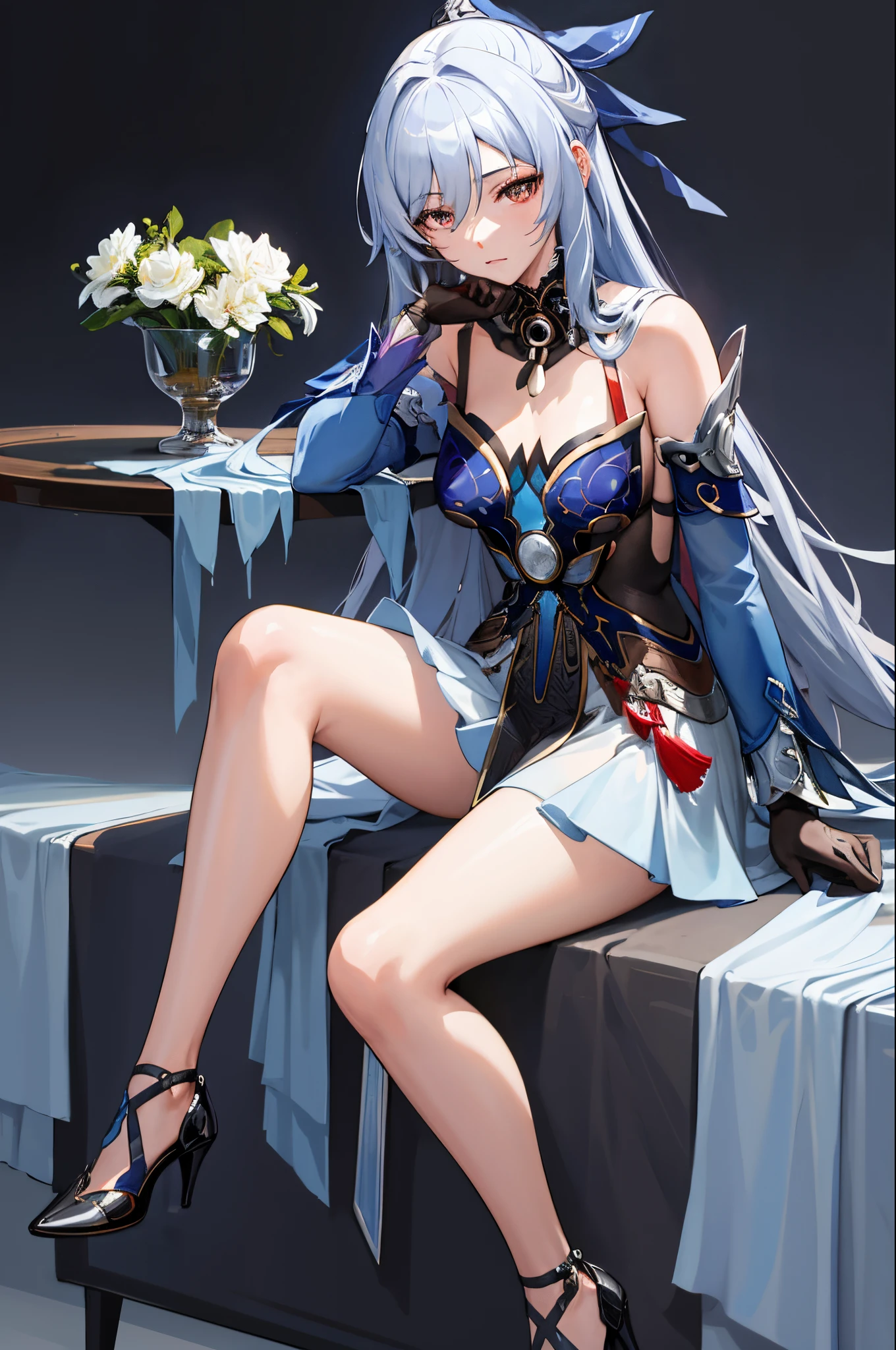 masterpiece, best quality, JingliuV4, 1girl, gloves, dress, simple background, grey background, high heels, sitting, ice, cowboy shot,