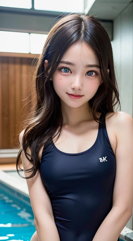 ((best quality, 8K, masterpiece)), ultra-detailed, sharp focus, (1 cute girl), 17yo, ((school swimsuit)), (big breasts), highly detailed face and skin texture, (((beautiful detailed eyeeautiful eyes:1.4))), (black hair), (smile:1.15), (closed mouth), (round face), pool