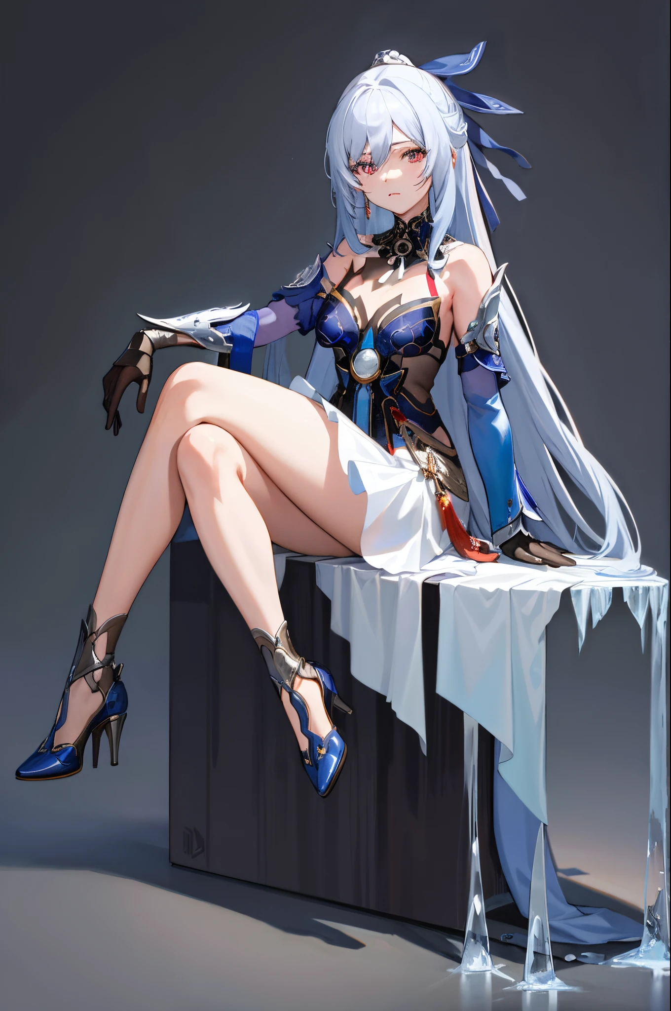 masterpiece, best quality, JingliuV4, 1girl, gloves, dress, simple background, grey background, high heels, sitting, ice, cowboy shot,