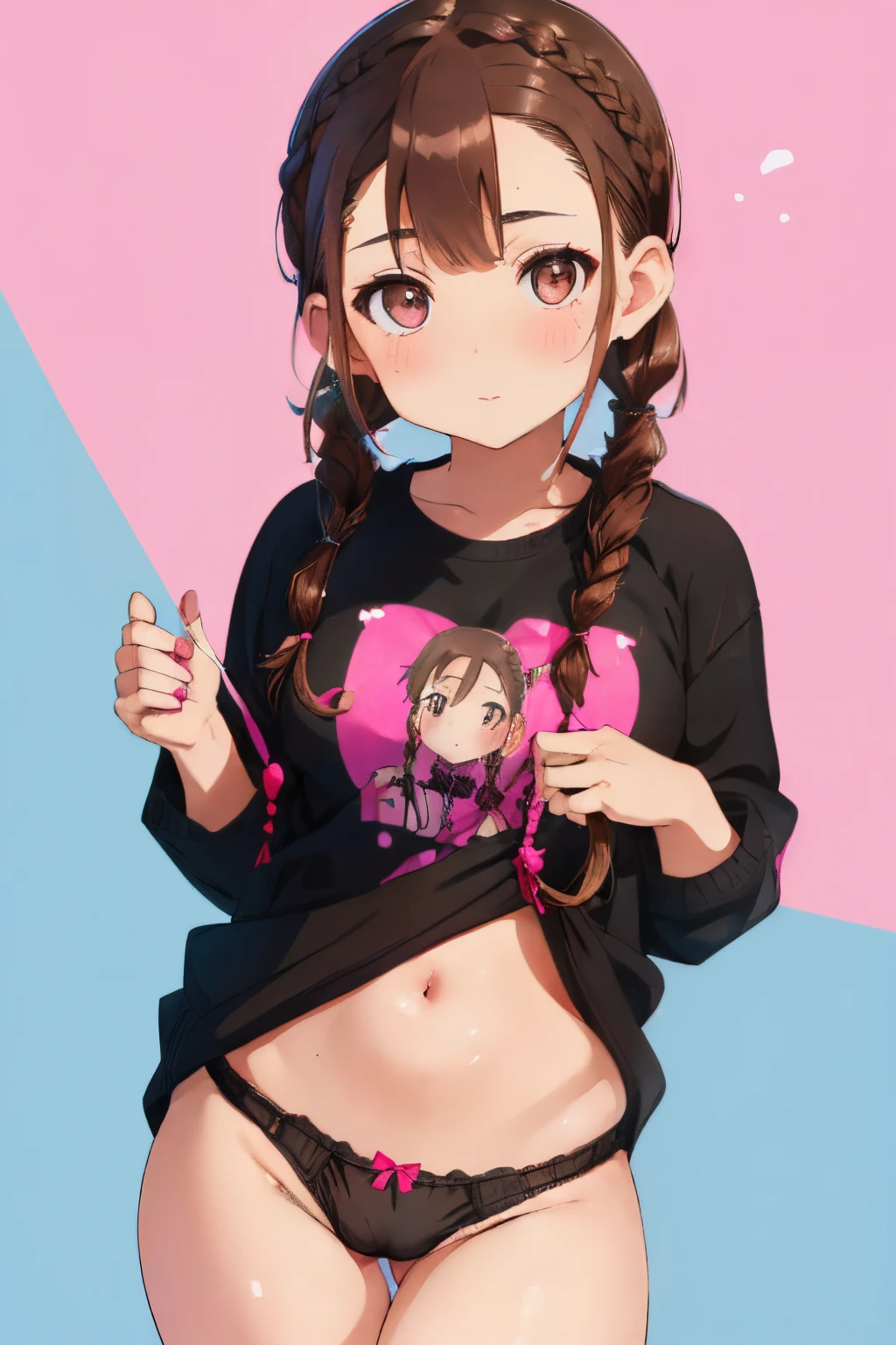 ((Brown hair)),((Braided shorthair)),((Pigtails)),((With black eyes)),((With bangs)),Holding panties in your hands,Spreading panties,((,NSFW)),(Pop and colorful background)