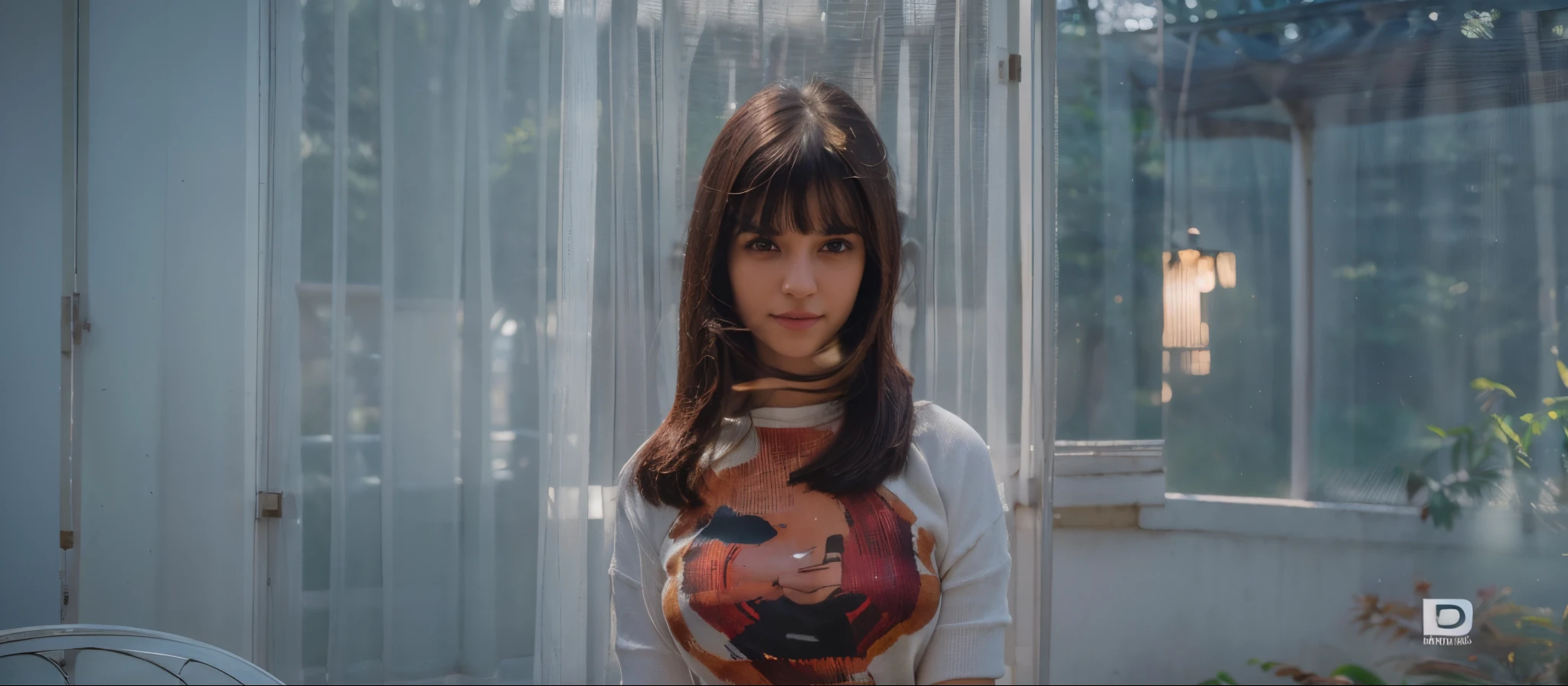 Top Quality, Masterpiece, Ultra High Definition, (Photorealistic: 1.4), (Look Off: 1.4), (Look Off: 1.4), No Look at Camera, Raw Photo, One Girl, Dark Hair, (Straight Bobs: 1.4), (Patsun: 1.4), Bangs, Smile, Glossy Skin, Dramatic Lighting, Neat, T-Shirt, White Summer Sweater, (Big: 0.9), parks ,seksi, beautiful ,cute