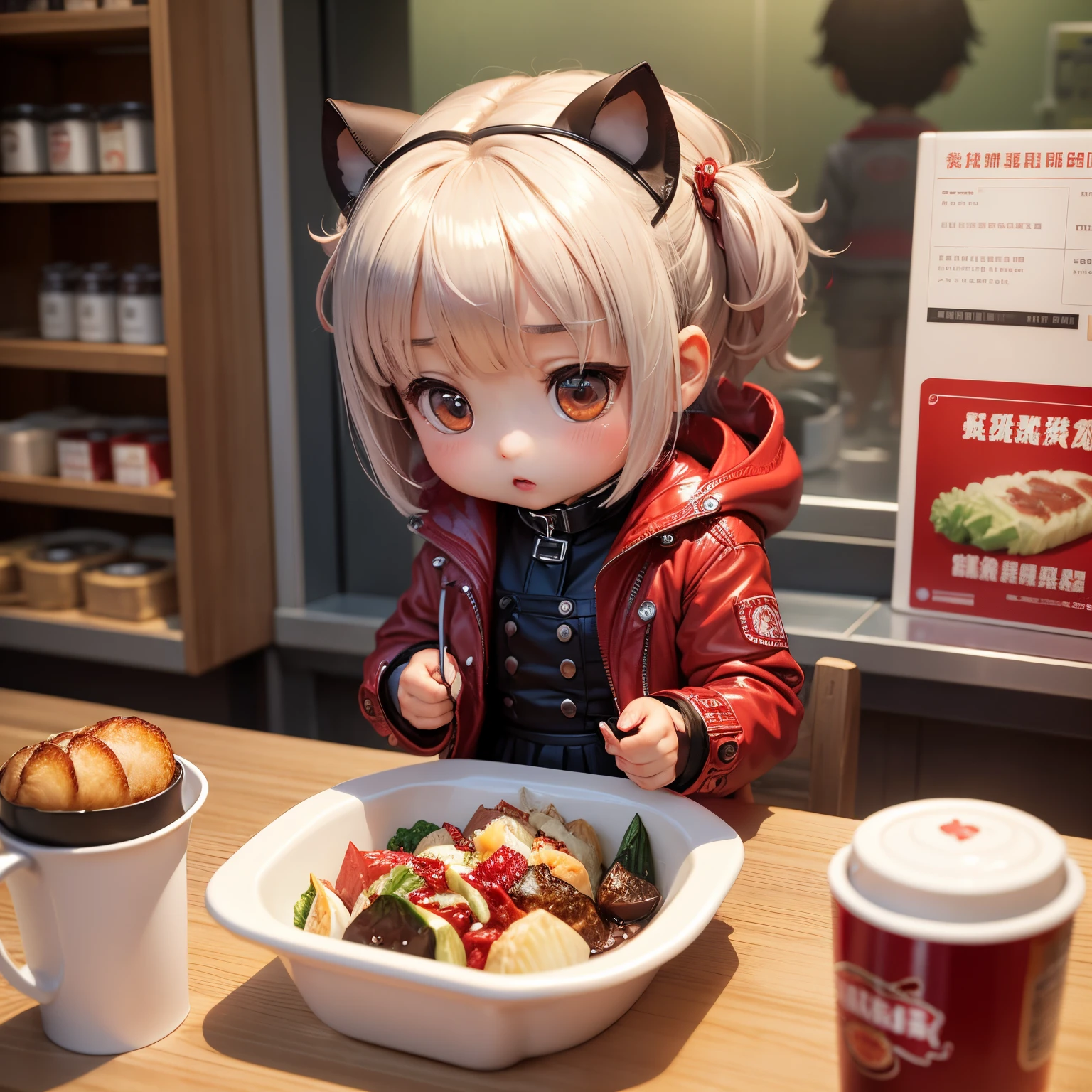 masterpiece、top-quality、ultra-detailliert、(Chibi Chara's Daughter:1.2)、red stainless steel collar coat、White Bob、supermarket、food shelf、buy Chinese cabbage
