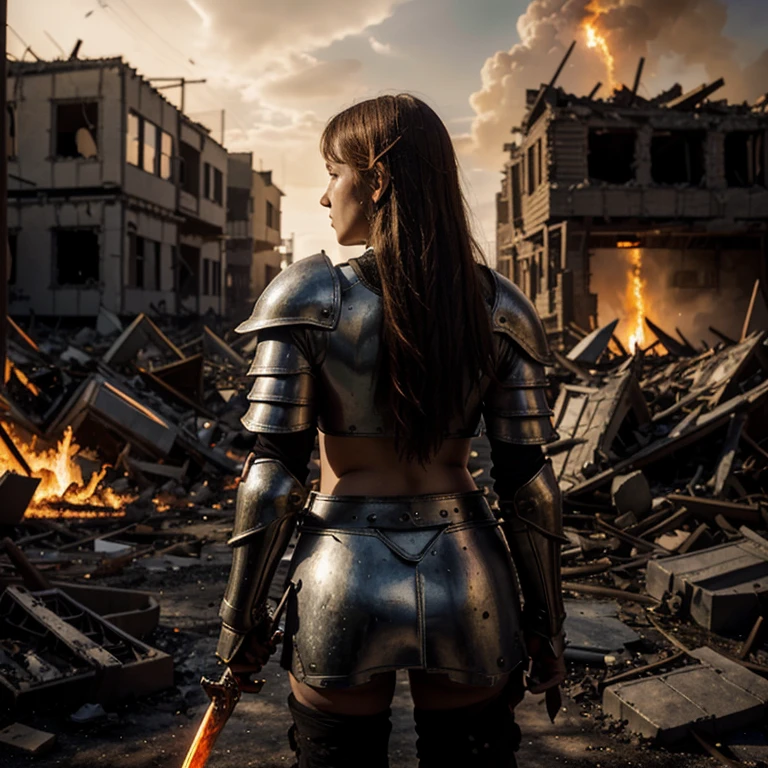 a girl in armor, the Middle Ages, holds a long fiery sword, standing with his back in the middle of destroyed houses against the backdrop of the apocalypse and a burning city, anime style, high quality, high detail