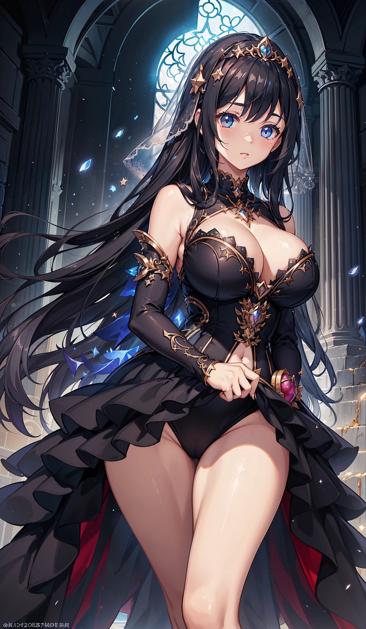 1 girl, (((ultra - detailed))), ((tmasterpiece)), ((illustratio)) , starlights, Black gorgeous dress, Curvy woman, veils, sliver long hair, Fair skin, The mysterious atmosphere of stars in the night sky, chest circumference, view the viewer，planetarium，Star special effects