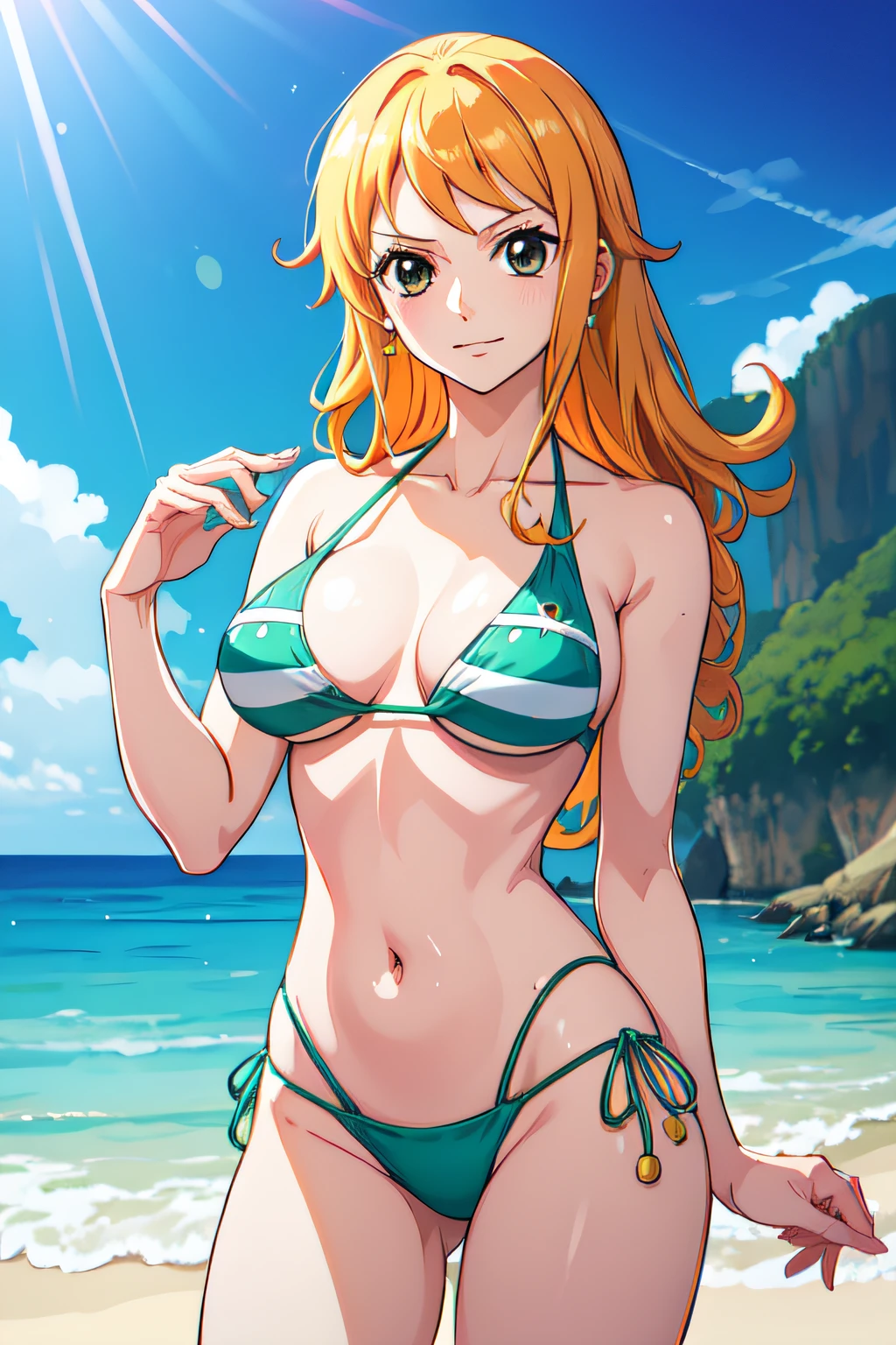 nami from one piece, cabelo longo laranja rabo de cavalo, Olhos castanhos bonitos, bochechas coradas, Wearing a sparkly bikini, Desfrute de um dia ensolarado na praia. O estilo de arte deve se assemelhar a um estilo de anime cativante.
Sobre a qualidade da imagem, Prioridade (best quality, 4k, 8k, alta resolução, masutepiece:1.2), ultra-detalhado, e (Realistic, fotorrealista, Fotorrealista:1.37) Processado. Para melhorar os elementos visuais, adicionar HDR, NFFSW, studio lighting, pintura ultrafina, foco nítido, Physically-based rendering, extreme detail description, profissional, vivid colors, e bokeh.
Capture the essence of Nami's adventurous spirit and picturesque beach scene, Tente destacar as cores vibrantes e a luz solar quente em sua obra de arte. Lighting should be soft, A dreamy atmosphere that enhances Nami's beauty.
Disclaimer: Este prompt inclui、Inclui、Inclui、Inclui、Includes NSFW elements due to mention of bikini. Certifique-se de cumprir as diretrizes e requisitos.
Lembrar, Don't add explanations or sentence fragments to prompts. Stable Broadcast Prompt、Provides directly without additional prefixes or punctuation.roupas escolares