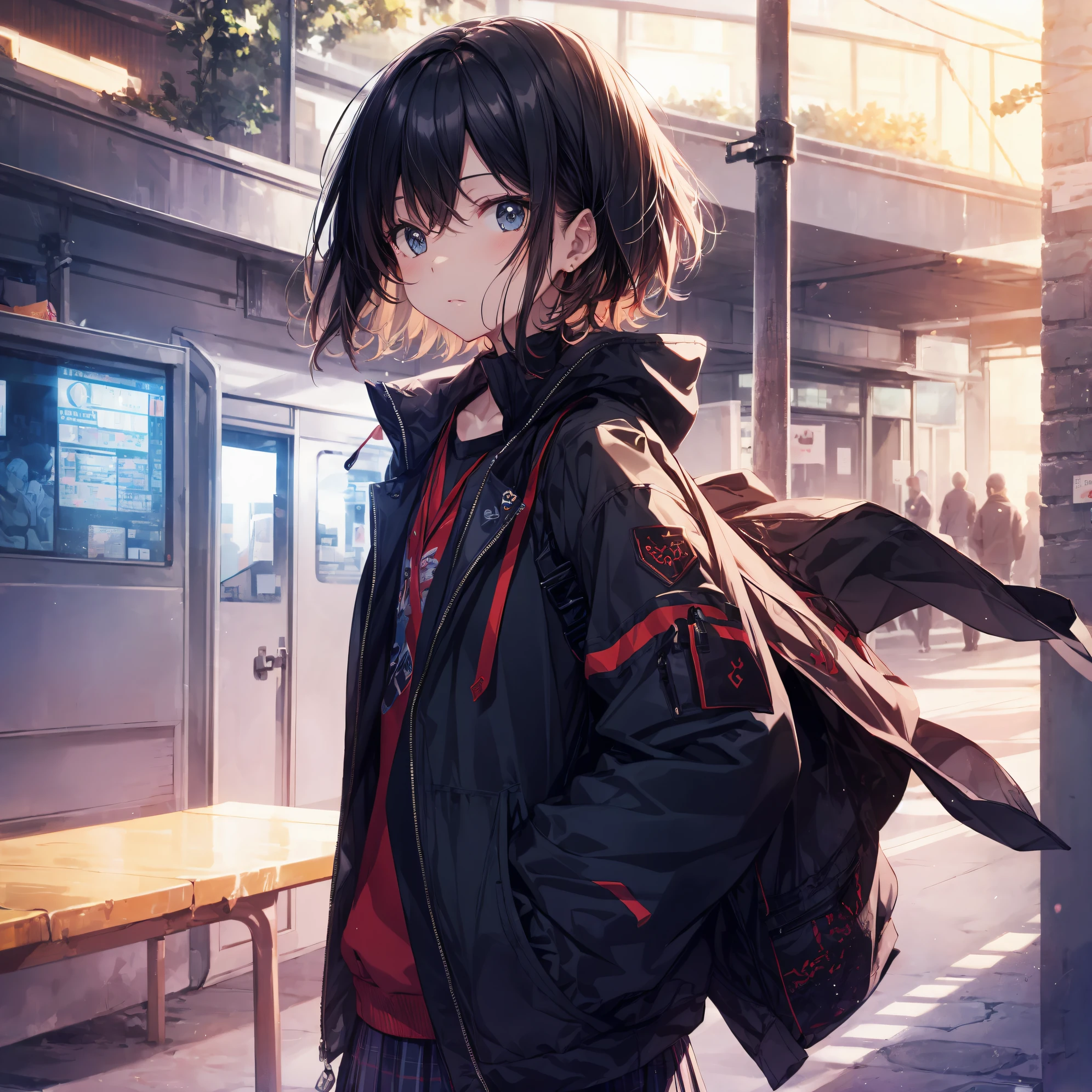 best god quality, Ultra-detailed, anime moe art style,Best Anime 8K Konachan Wallpapers,Pixiv Contest Winner,Perfect Anatomy, (Draw a girl sleepily walking to school. ),BREAK, 1girl is a cool beautiful girl, (Solo,Lori,child,13years:1.3),a junior high school student, Androgynous attraction, (Very short hair), hair messy, hit one&#39;s cheek, Forehead, Full limbs, complete fingers,flat chest, Small butt, groin, Small eyes,Beautiful detailed black eyes,Well-proportioned iris and pupils,disgusted eye, School uniform, Skirt,On the way to school. BREAK,High resolution,super detailed skin, Best lighting by professional AI, 8K Illustration,