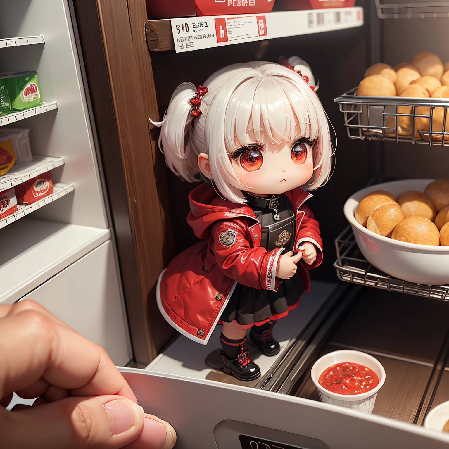 ​masterpiece、top-quality、ultra-detailliert、(Chibi Chara's Daughter:1.2)、red stainless steel collar coat、White Bob、supermarket、food shelf、buy Chinese cabbage🥬🥬🥬